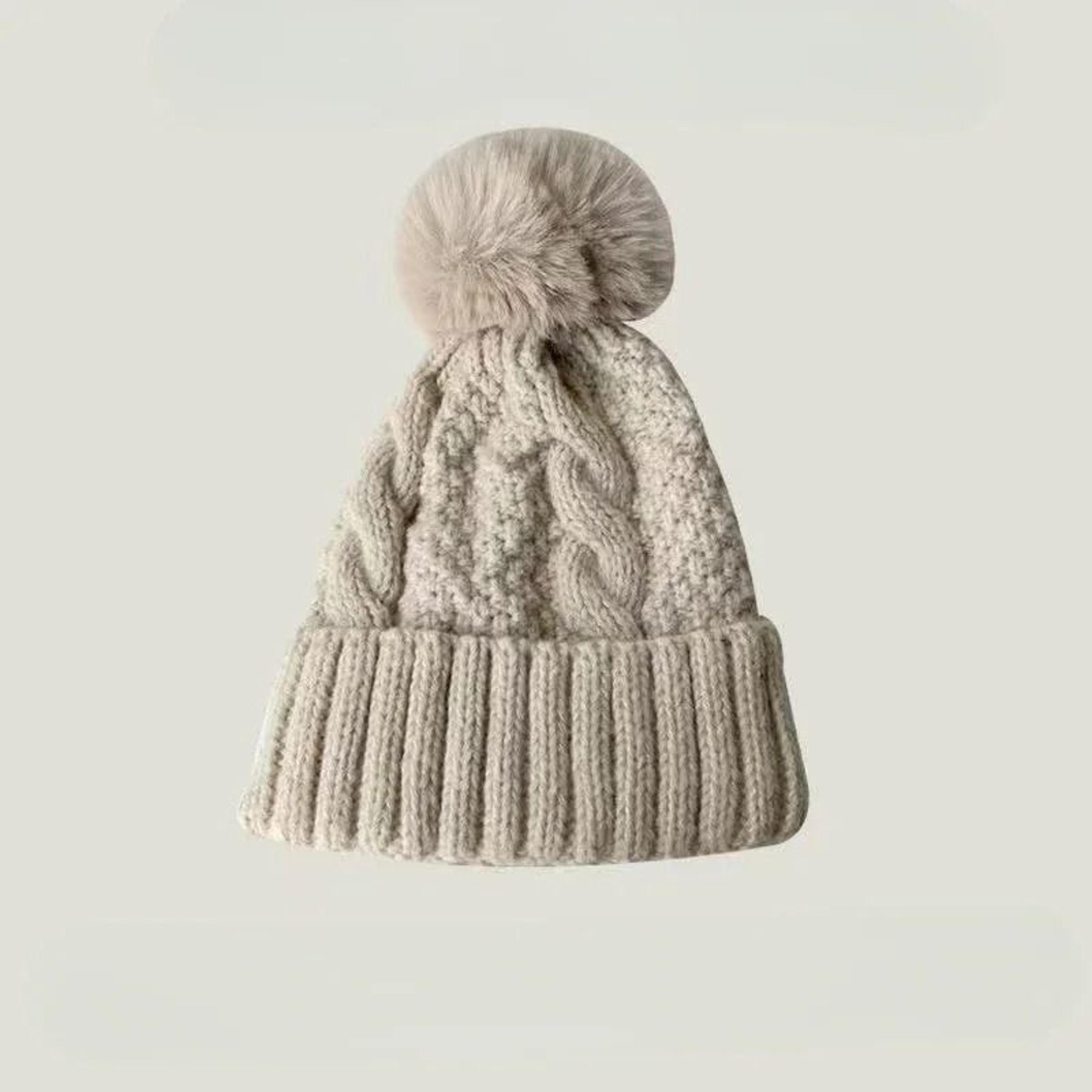 Winter Knit Beanie Hat With Fur Pompom Warm Velvet Lined Cap 4