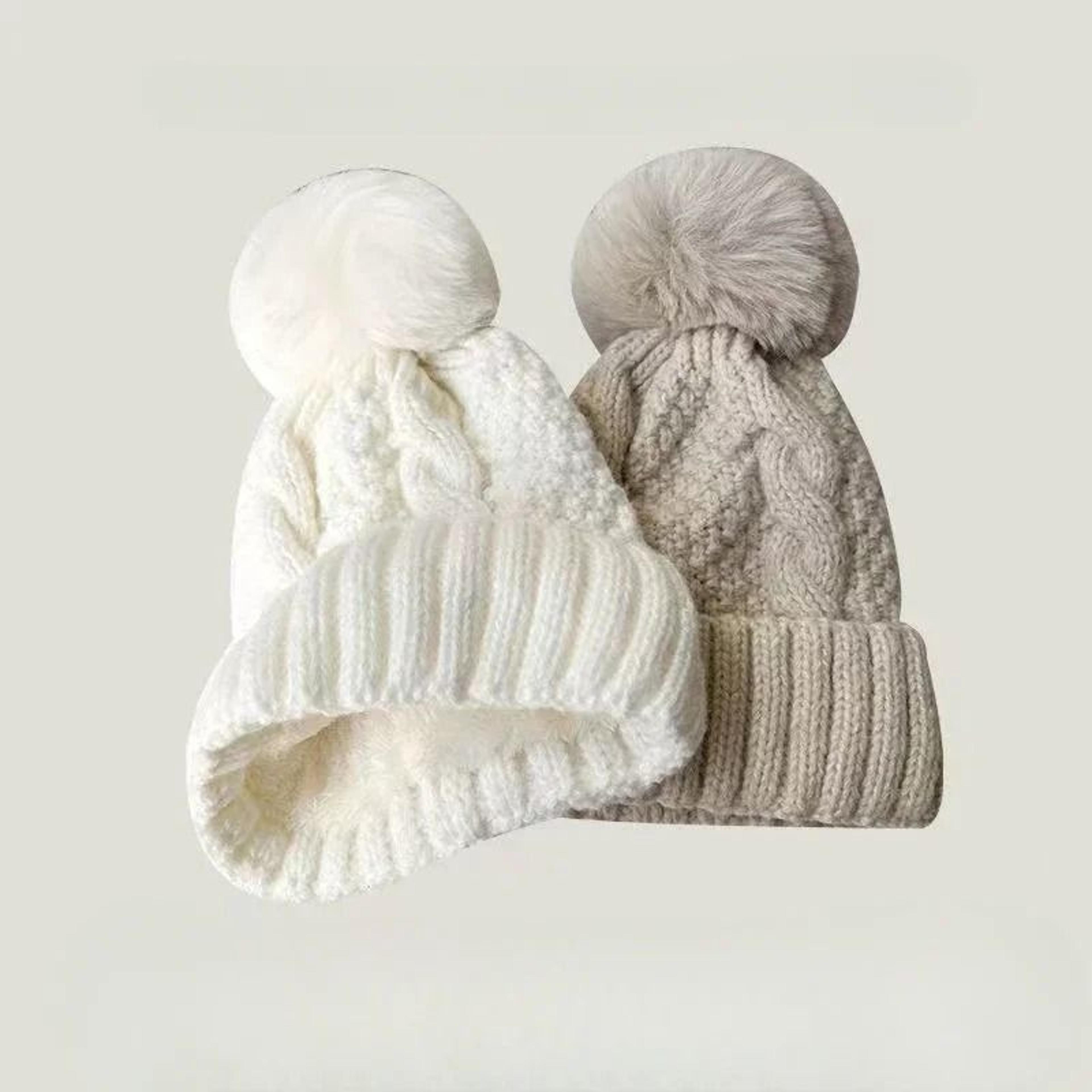 Winter Knit Beanie Hat With Fur Pompom Warm Velvet Lined Cap 8