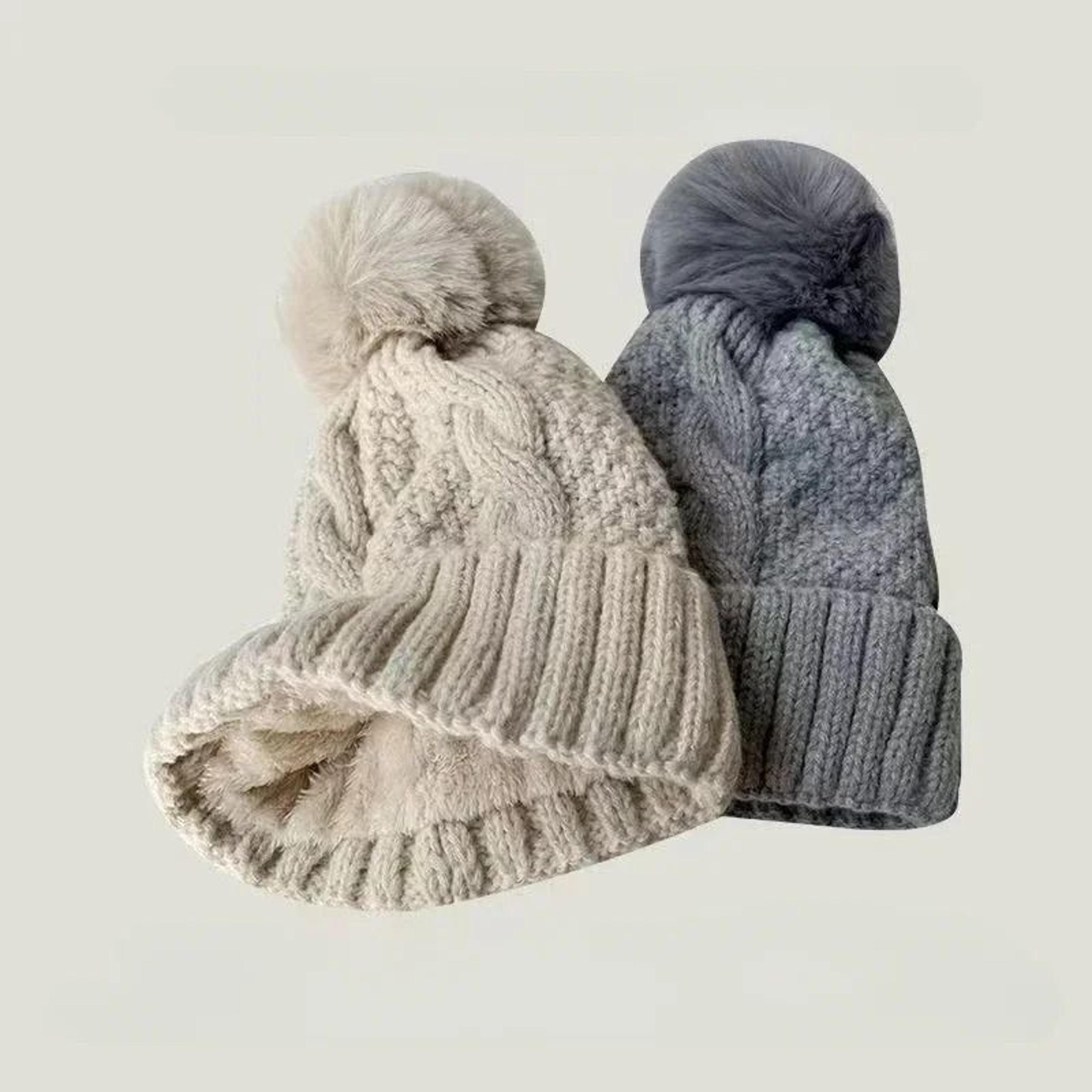 Winter Knit Beanie Hat With Fur Pompom Warm Velvet Lined Cap 9