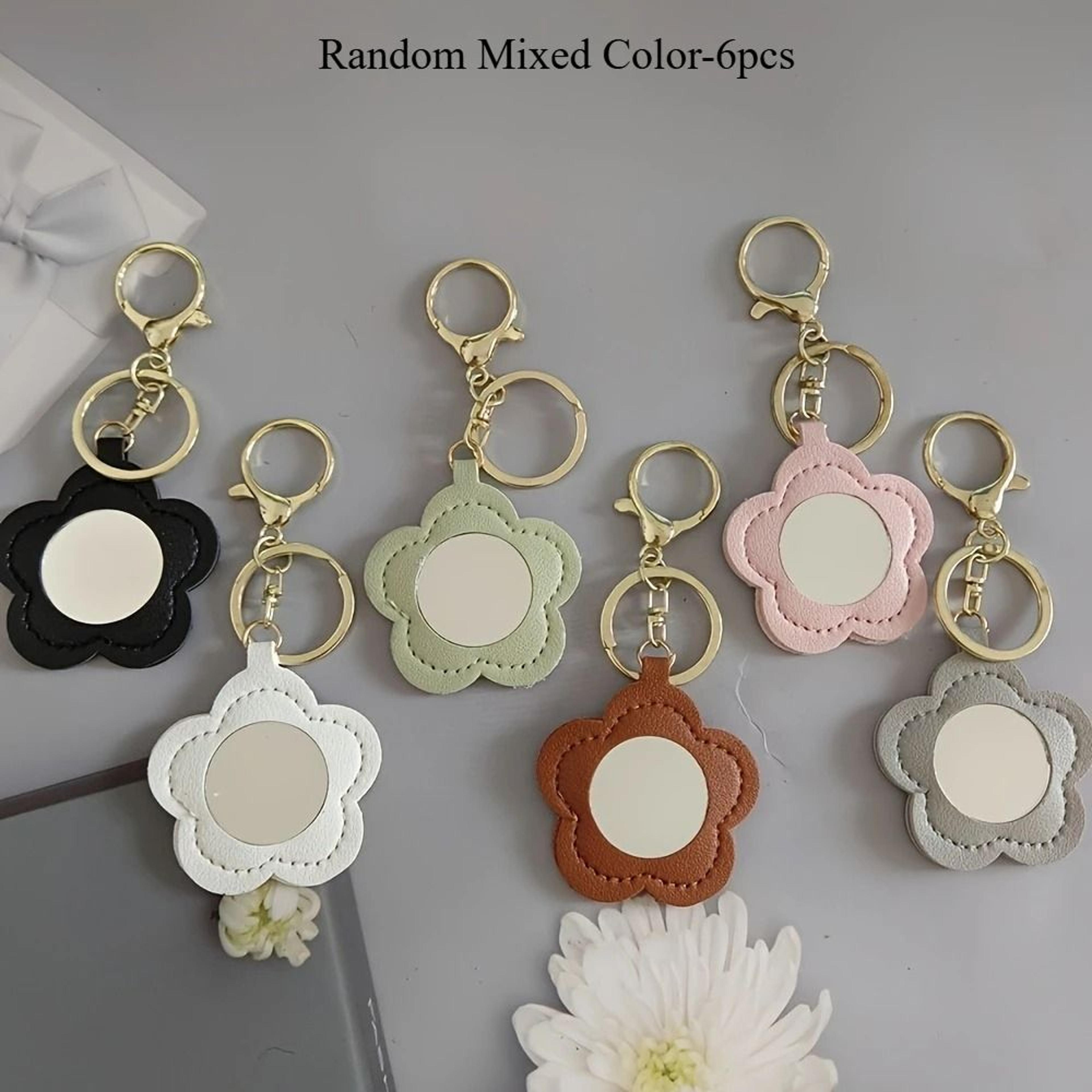 Floral Faux Leather Keychain Mirror Cute Portable Makeup Mirror Keychain Set For Women 0