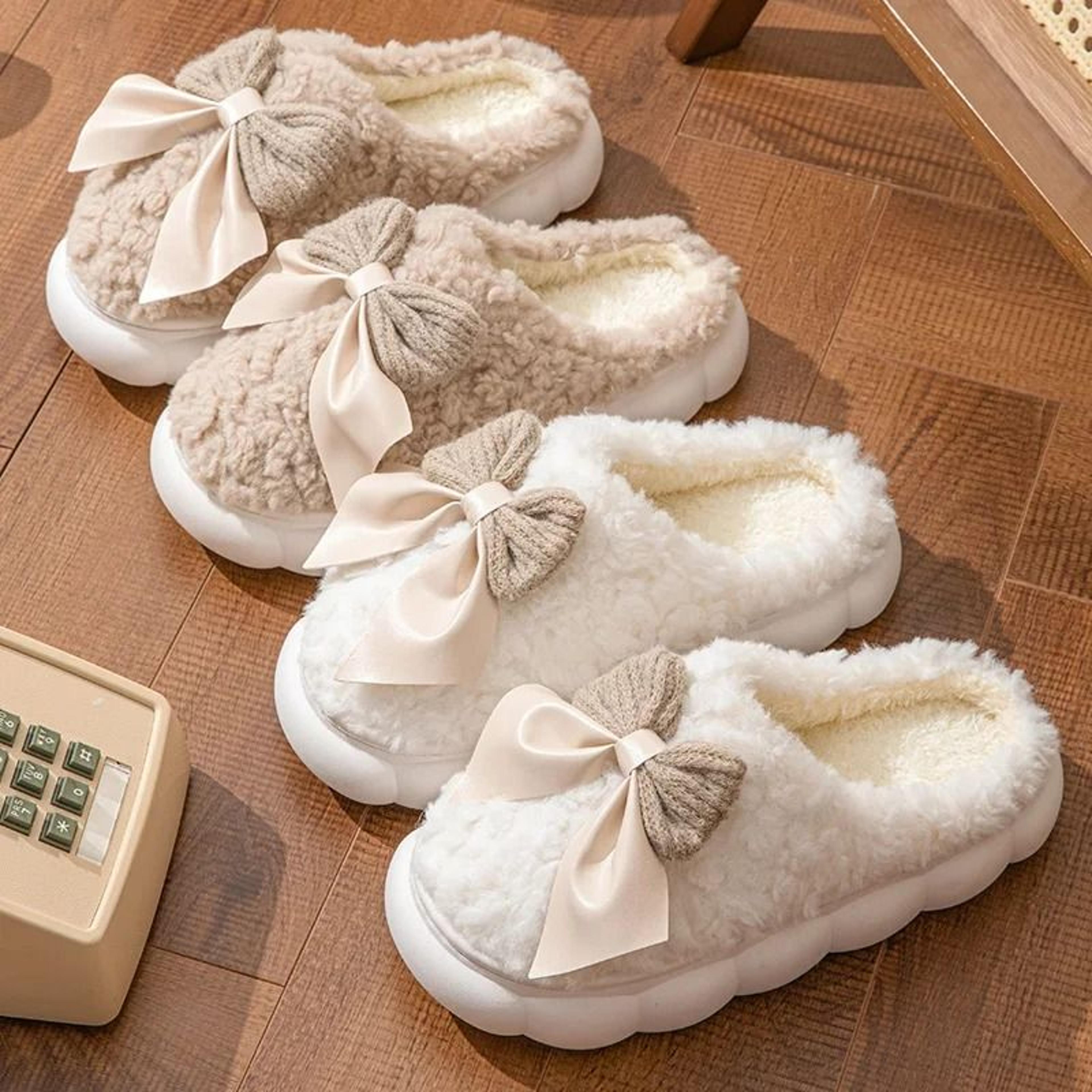 Winter Warm Fur Slippers For Women Soft Plush Bow Indoor House Shoes 5