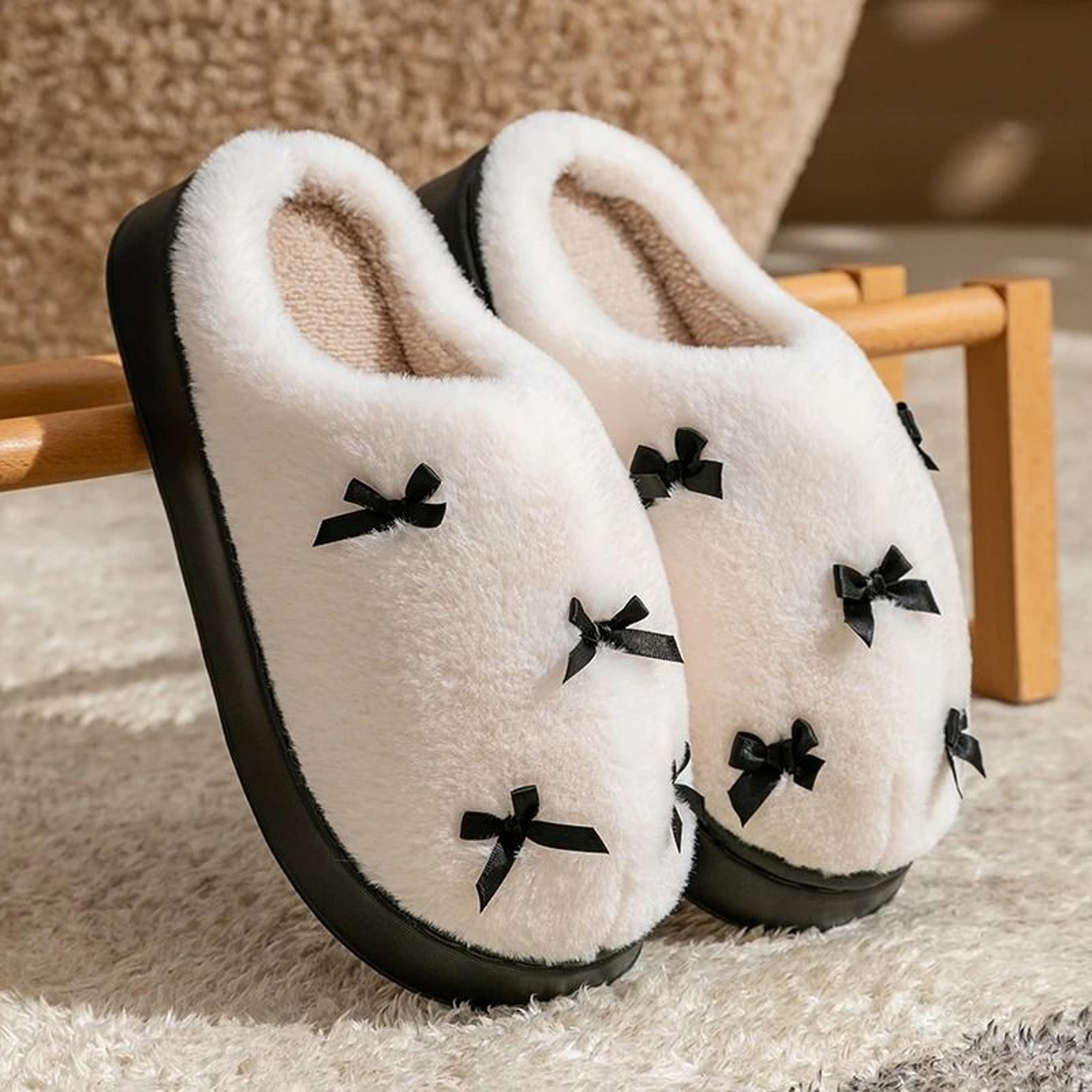Winter Bow Plush Slippers For Women Soft EVA Non Slip House Slides 9