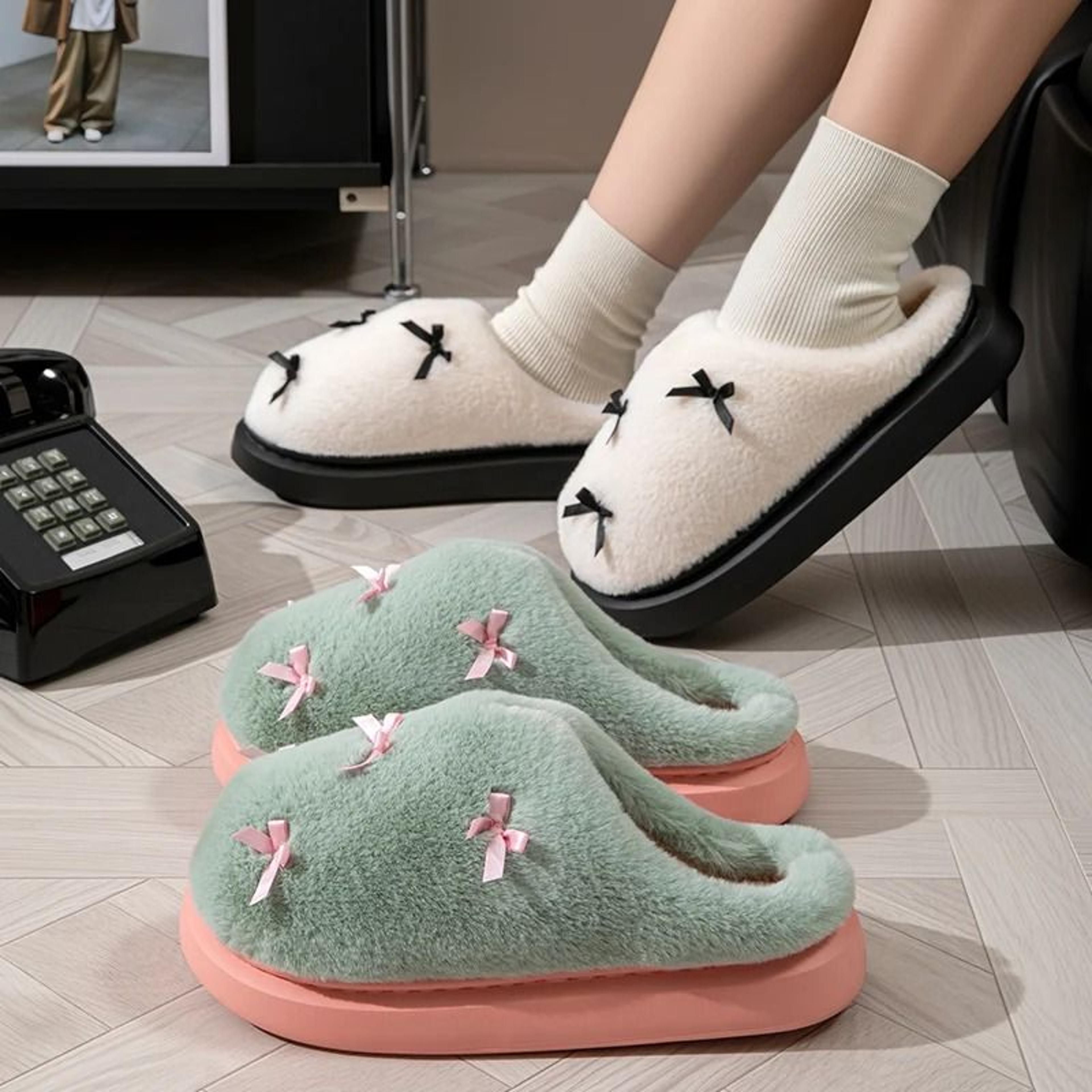 Winter Bow Plush Slippers For Women Soft EVA Non Slip House Slides 10