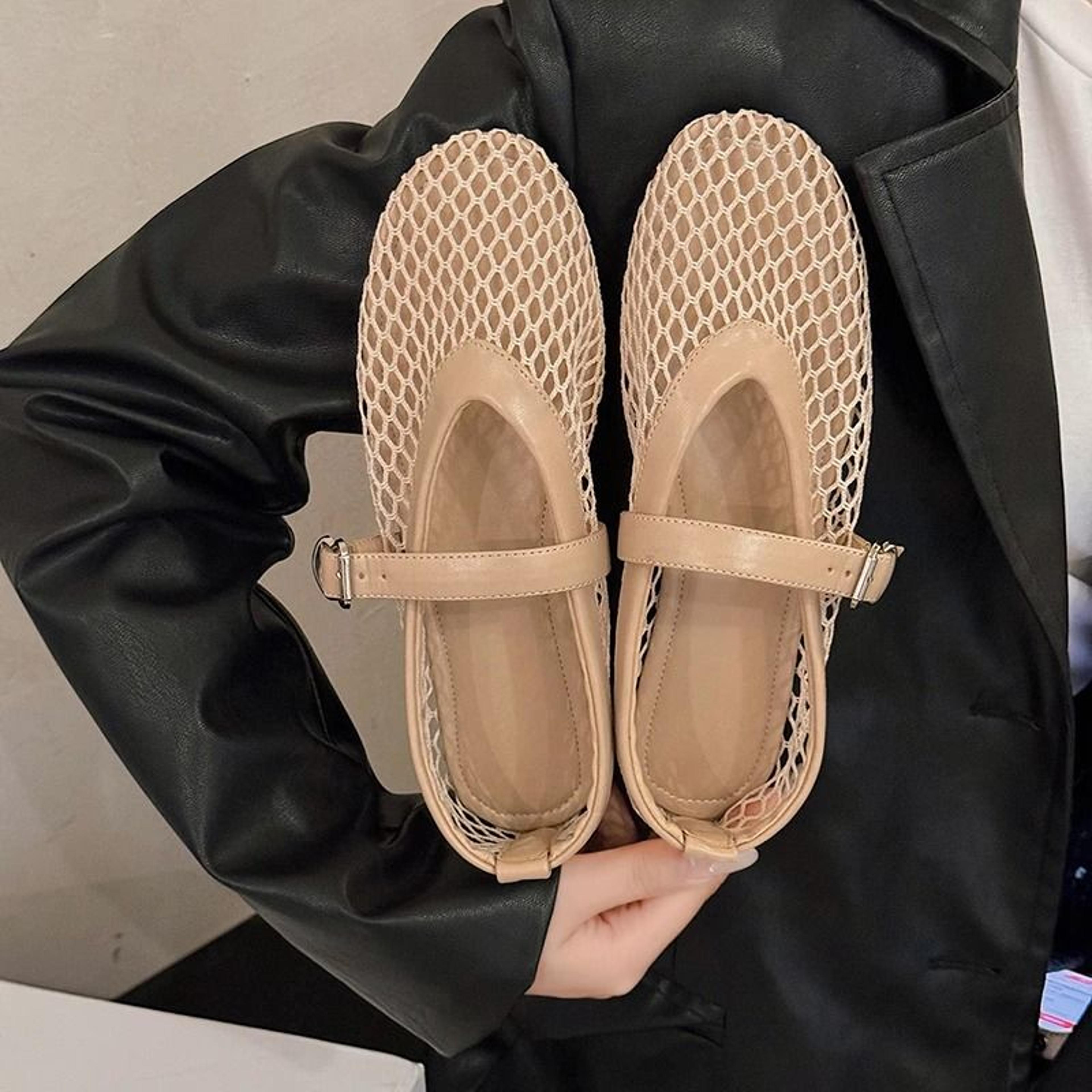 Mary Jane Flats Womens Cut Out Fishnet Shoes Round Toe Buckle Strap Flats 2