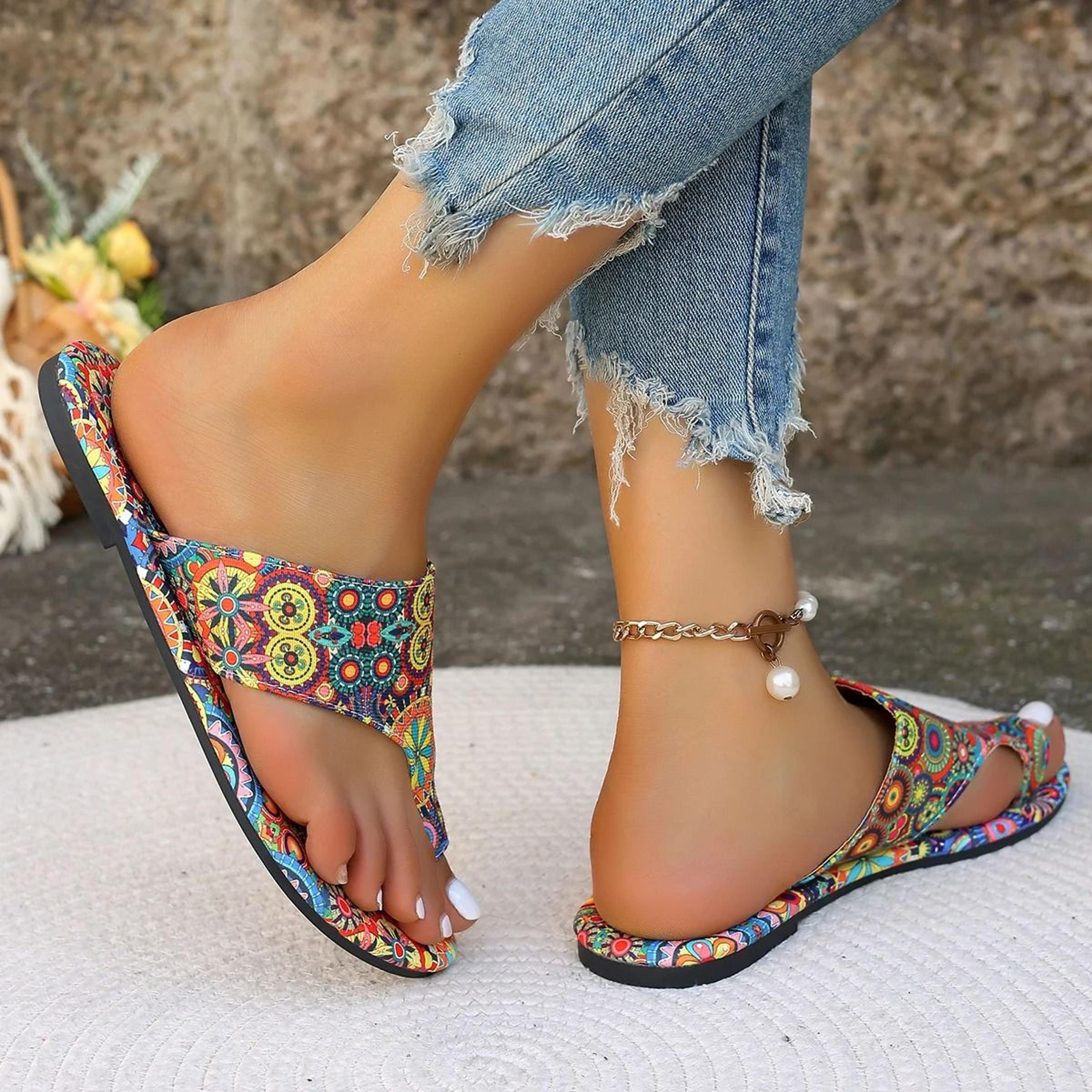 Bohemian Flower Slippers Womens Casual Slides Lightweight Flip Flops Big Size Sandals 3
