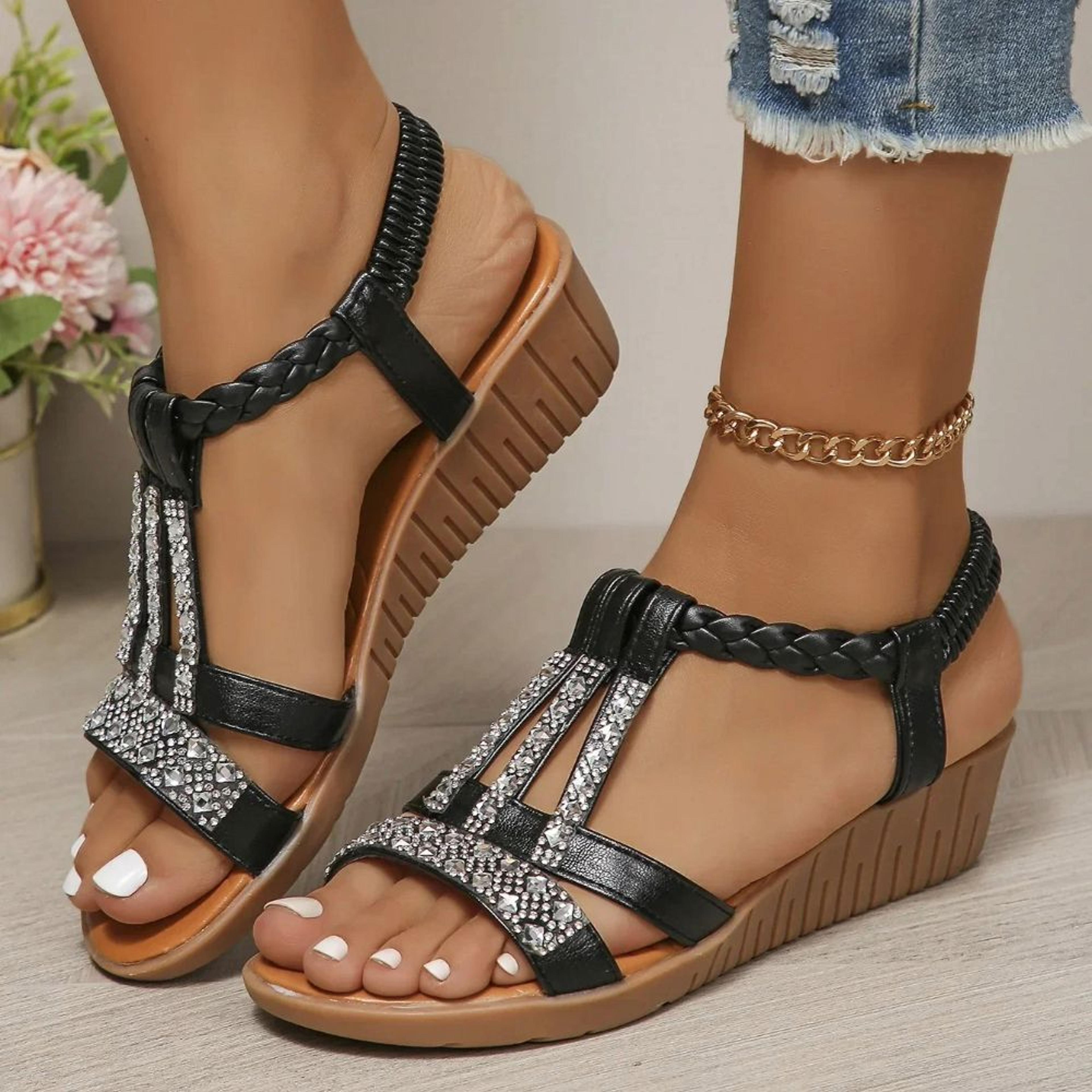 Boho Women Wedge Sandals With Rhinestone Platform And Peep Toe 3