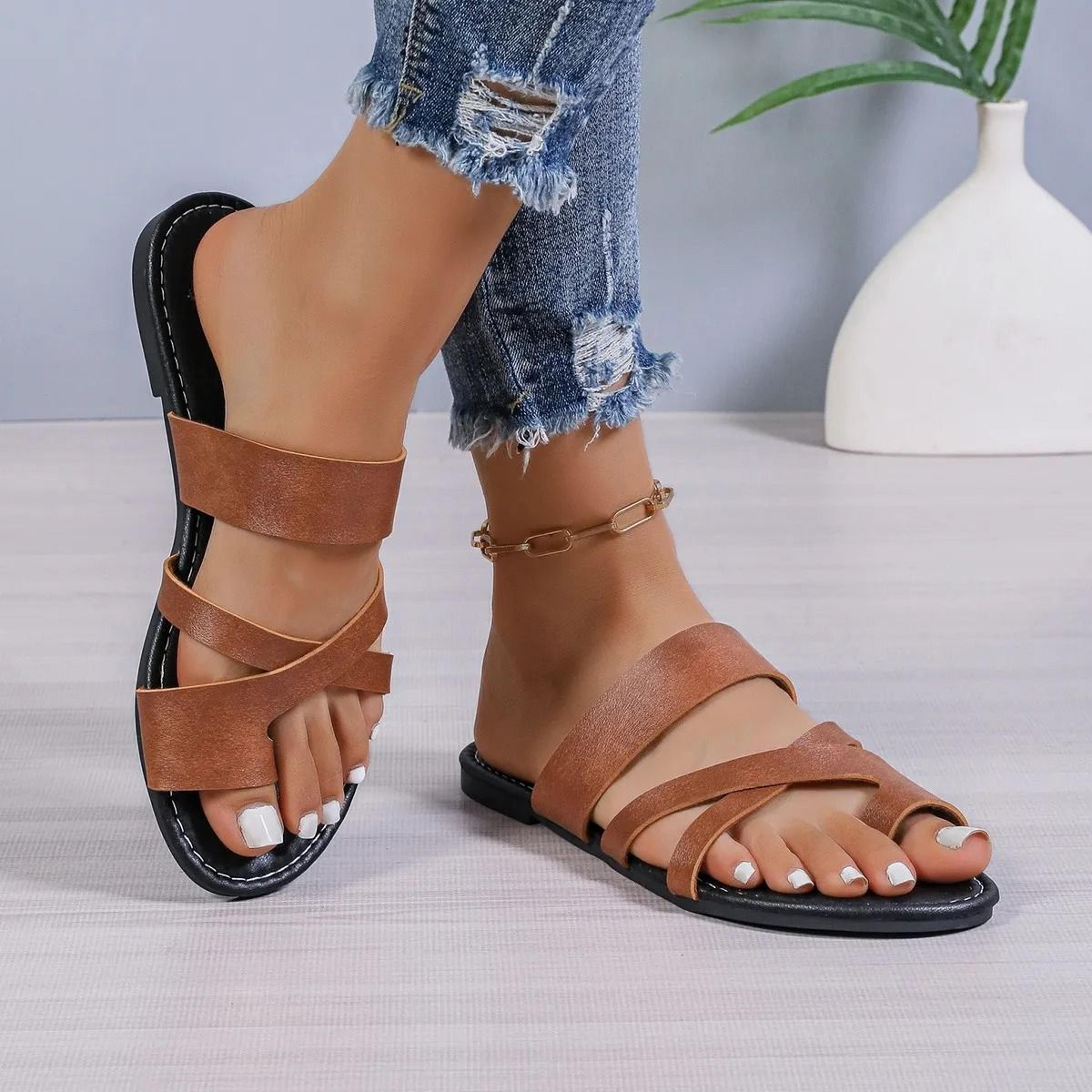 Women Square Toe Cross Strap Flat Sandals Summer Flip Flops Beach Slippers 7
