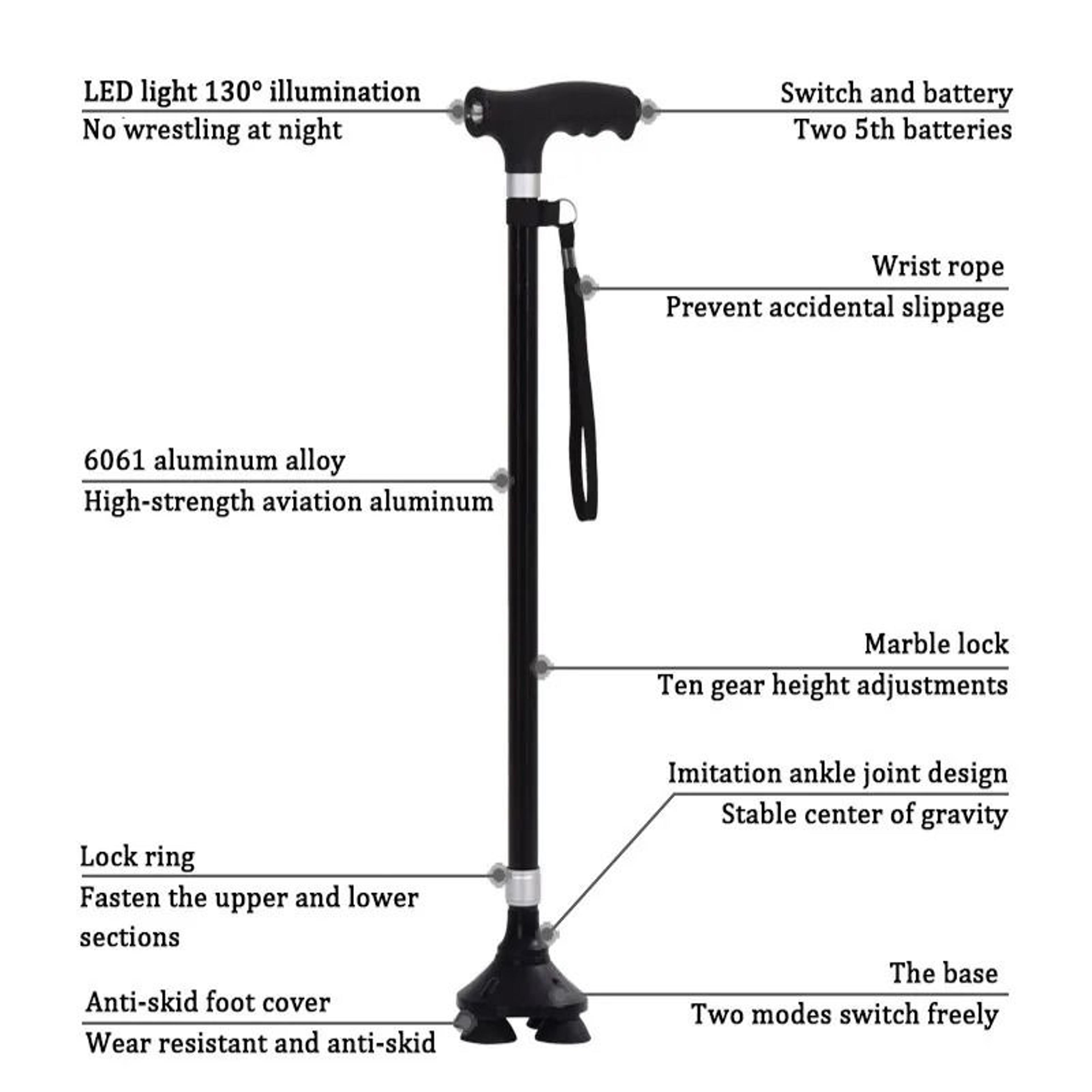 Non Slip Retractable Walking Cane With LED Light Aluminum Alloy Elderly Support Stick 9