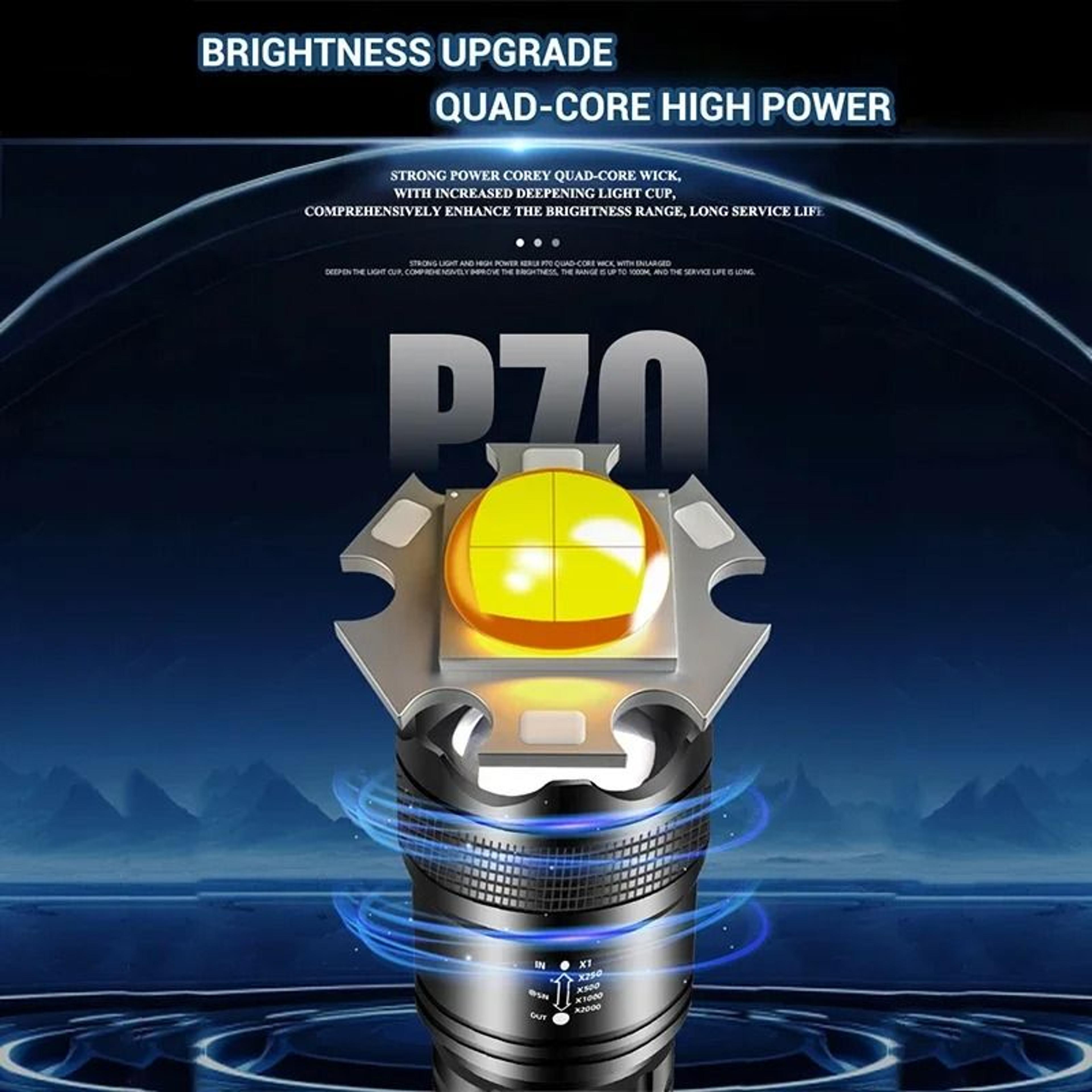 P70 Ultra Bright Flashlight Rechargeable Tactical LED Zoom Light With Built In Battery 12