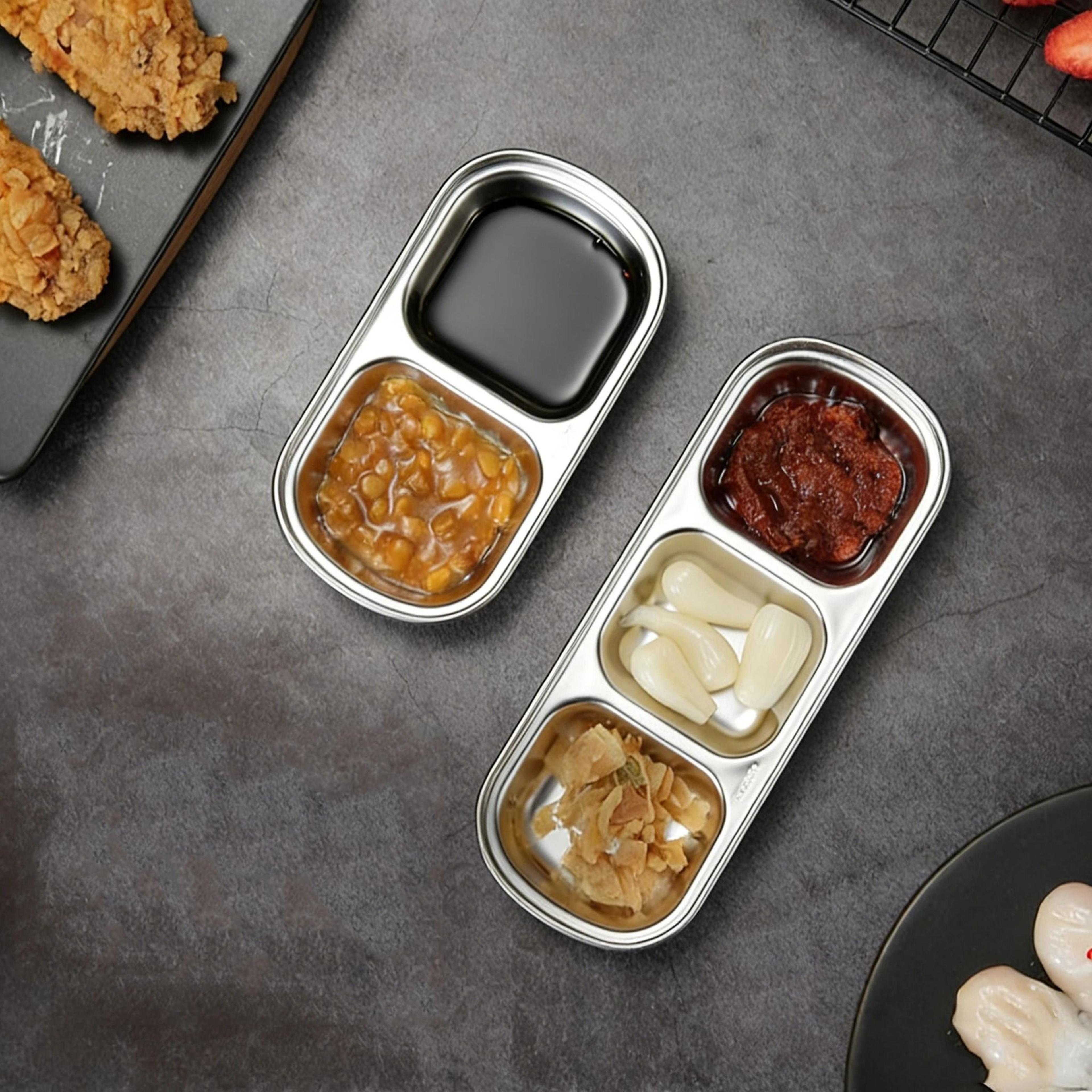 Stainless Steel Divided Seasoning Plate Reusable Sauce Dish For Kitchen And BBQ 9