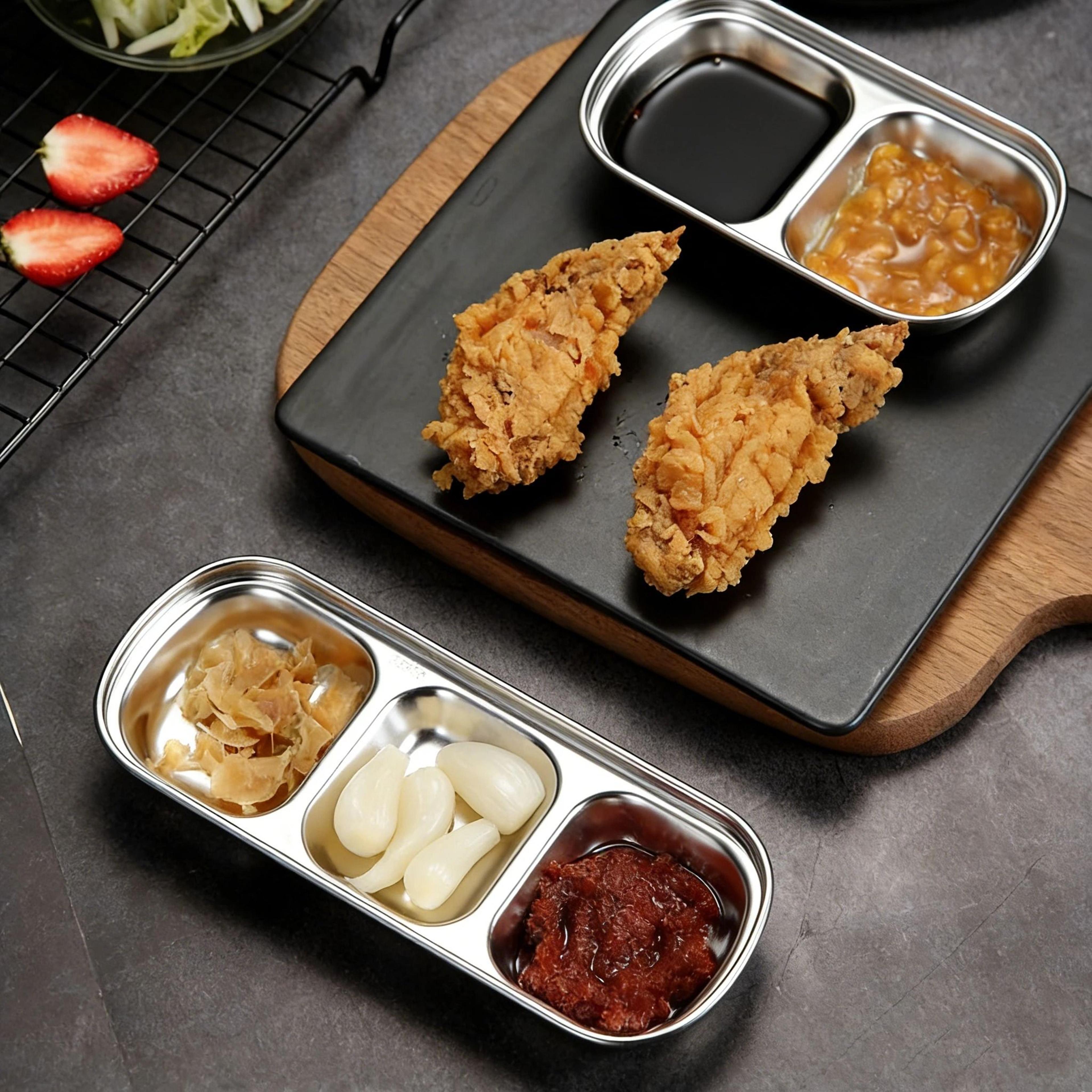 Stainless Steel Divided Seasoning Plate Reusable Sauce Dish For Kitchen And BBQ 10