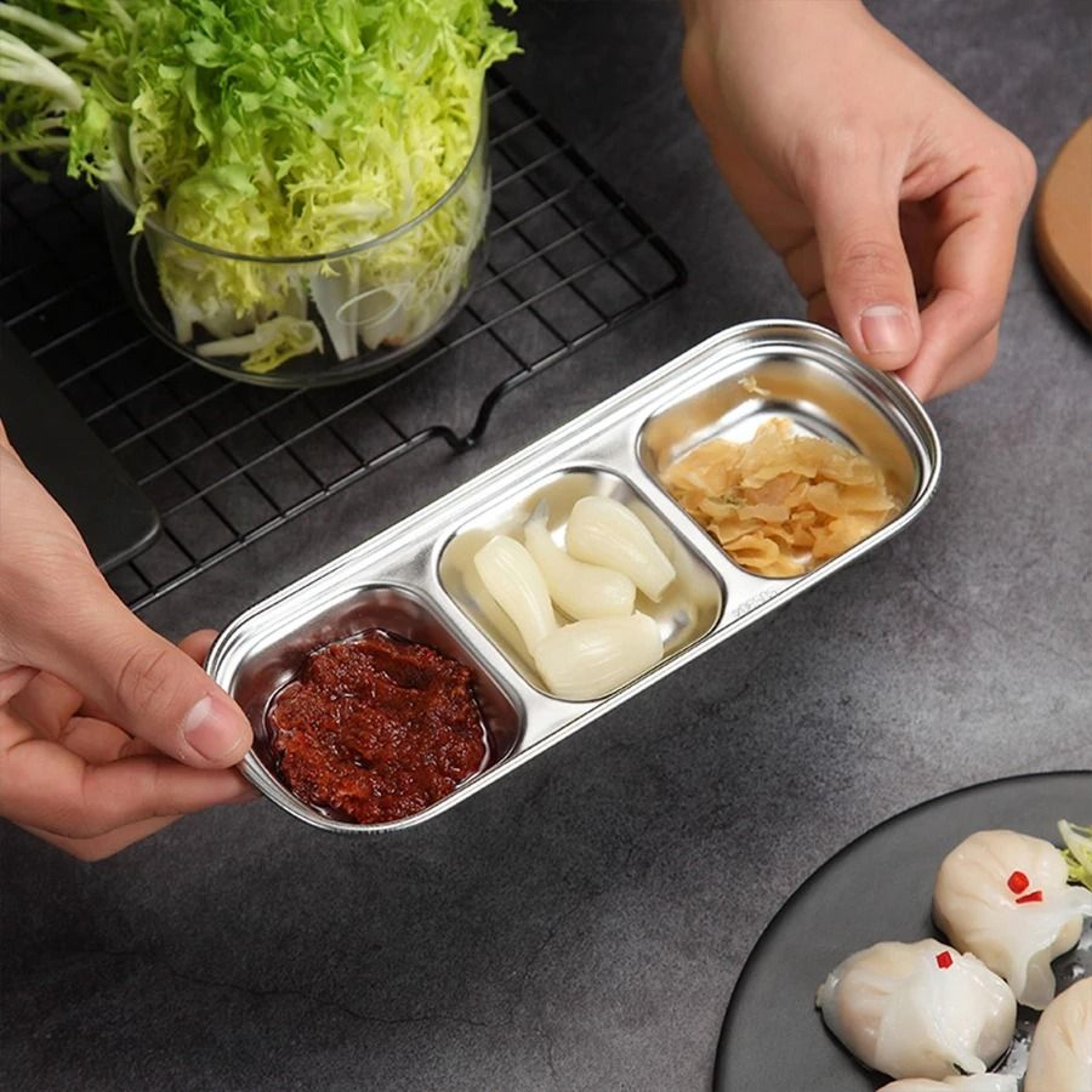 Stainless Steel Divided Seasoning Plate Reusable Sauce Dish For Kitchen And BBQ 13
