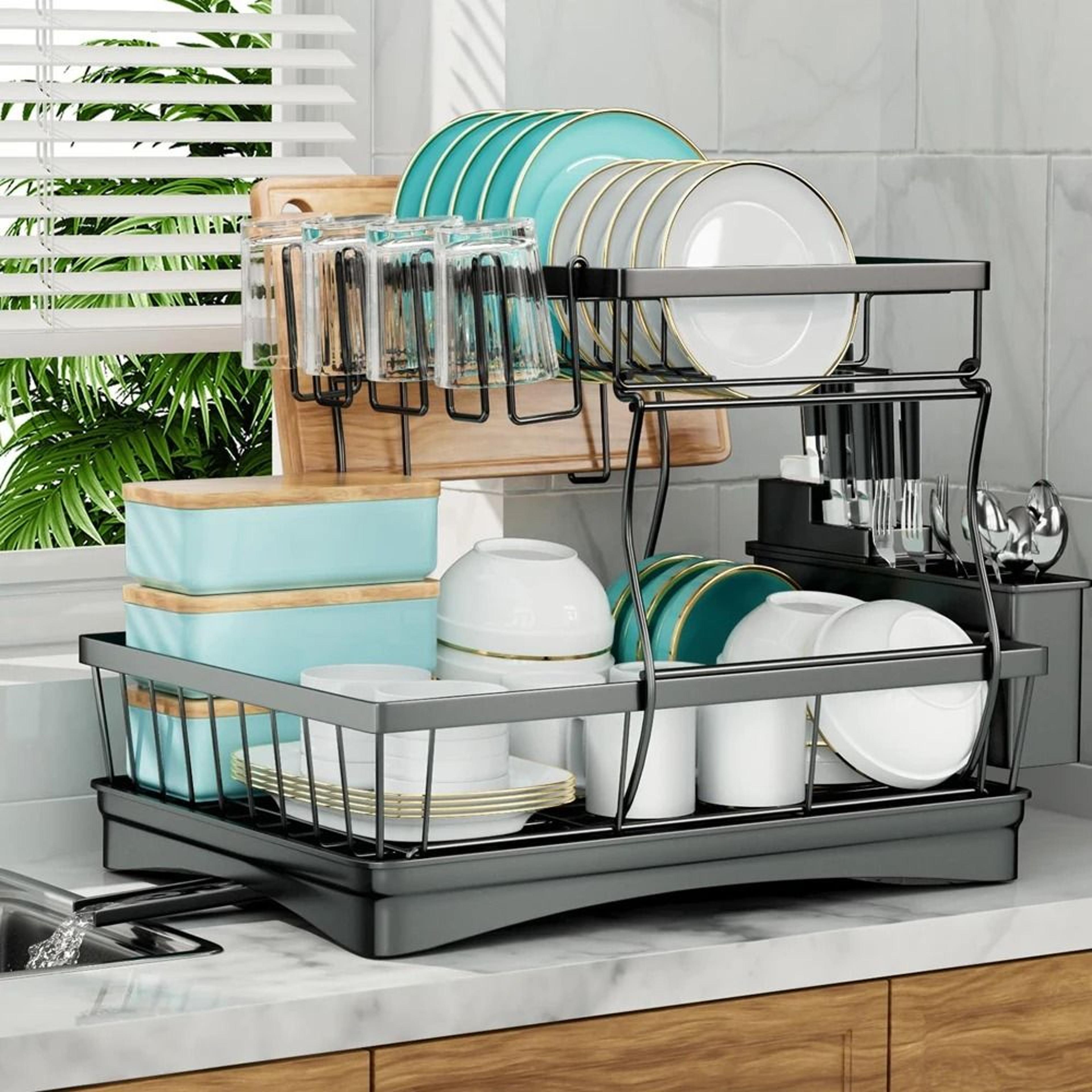Large 2 Tier Dish Drying Rack Removable Countertop Dish Drainer For Kitchen 6