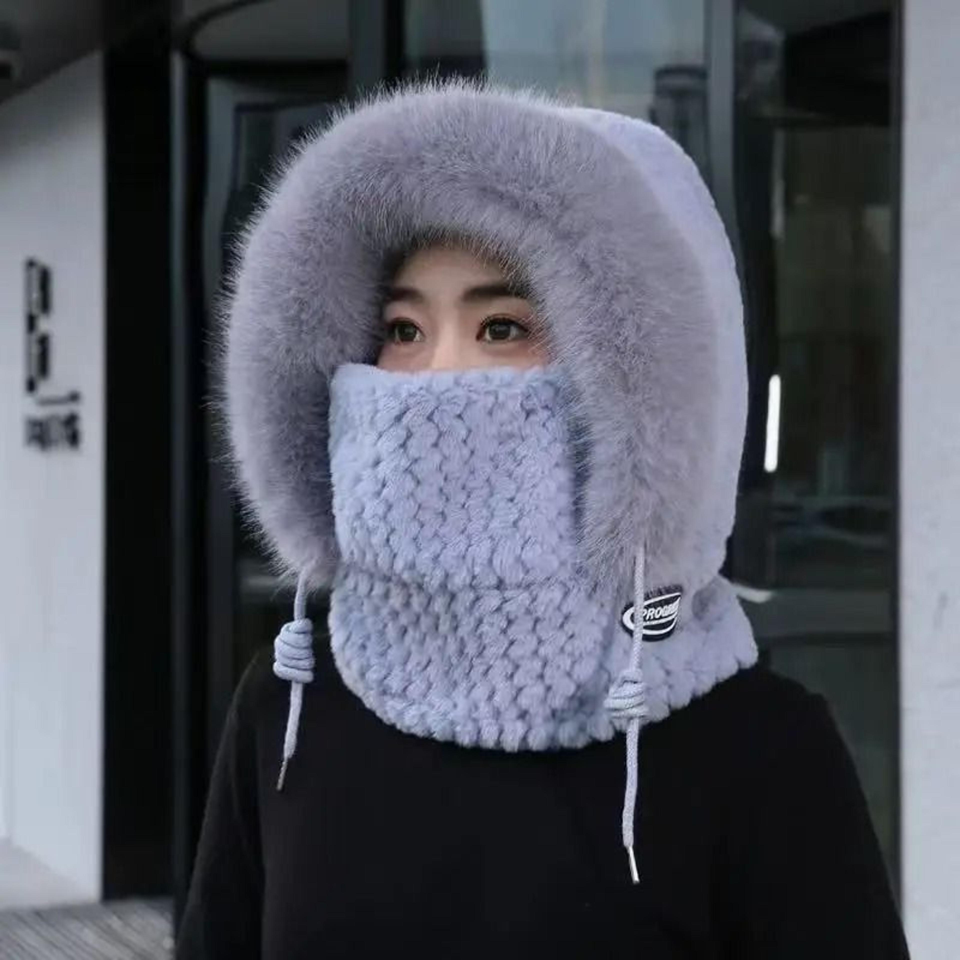 Women Thermal Plush Hood Hat Scarf Mask Set Windproof Winter Wear 9