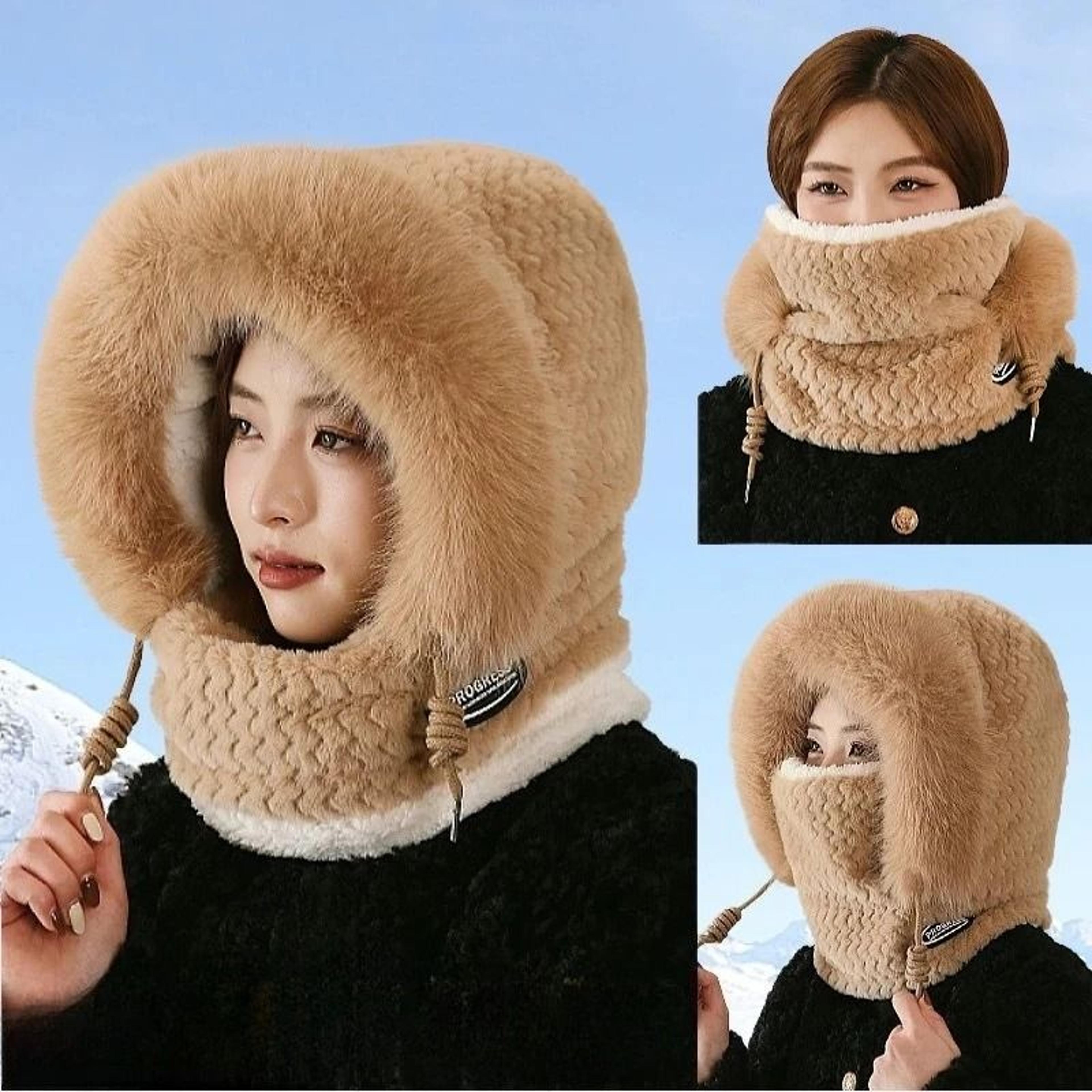 Women Thermal Plush Hood Hat Scarf Mask Set Windproof Winter Wear 1