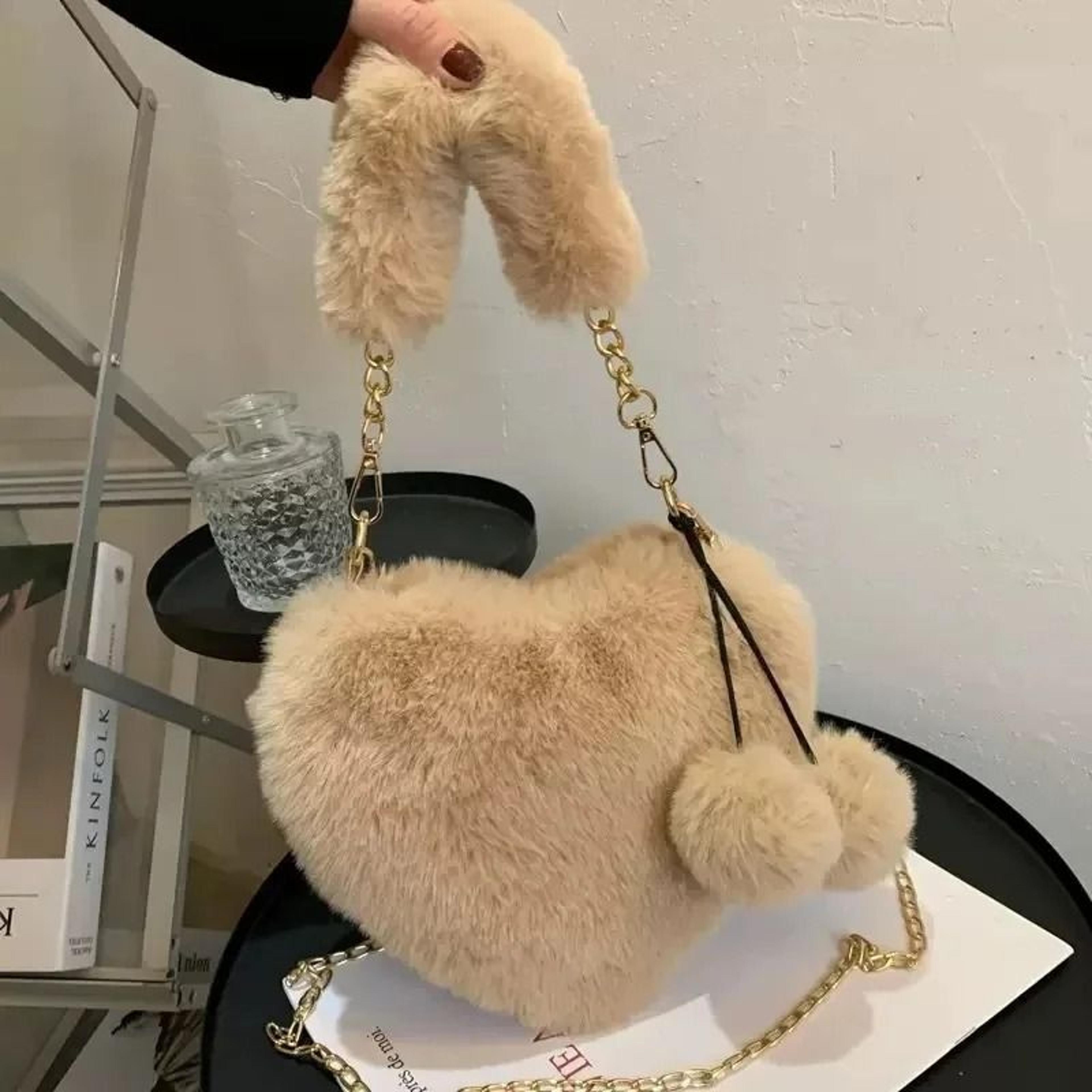 Faux Fur Heart Shaped Plush Shoulder Bag Womens Chain Purse 3