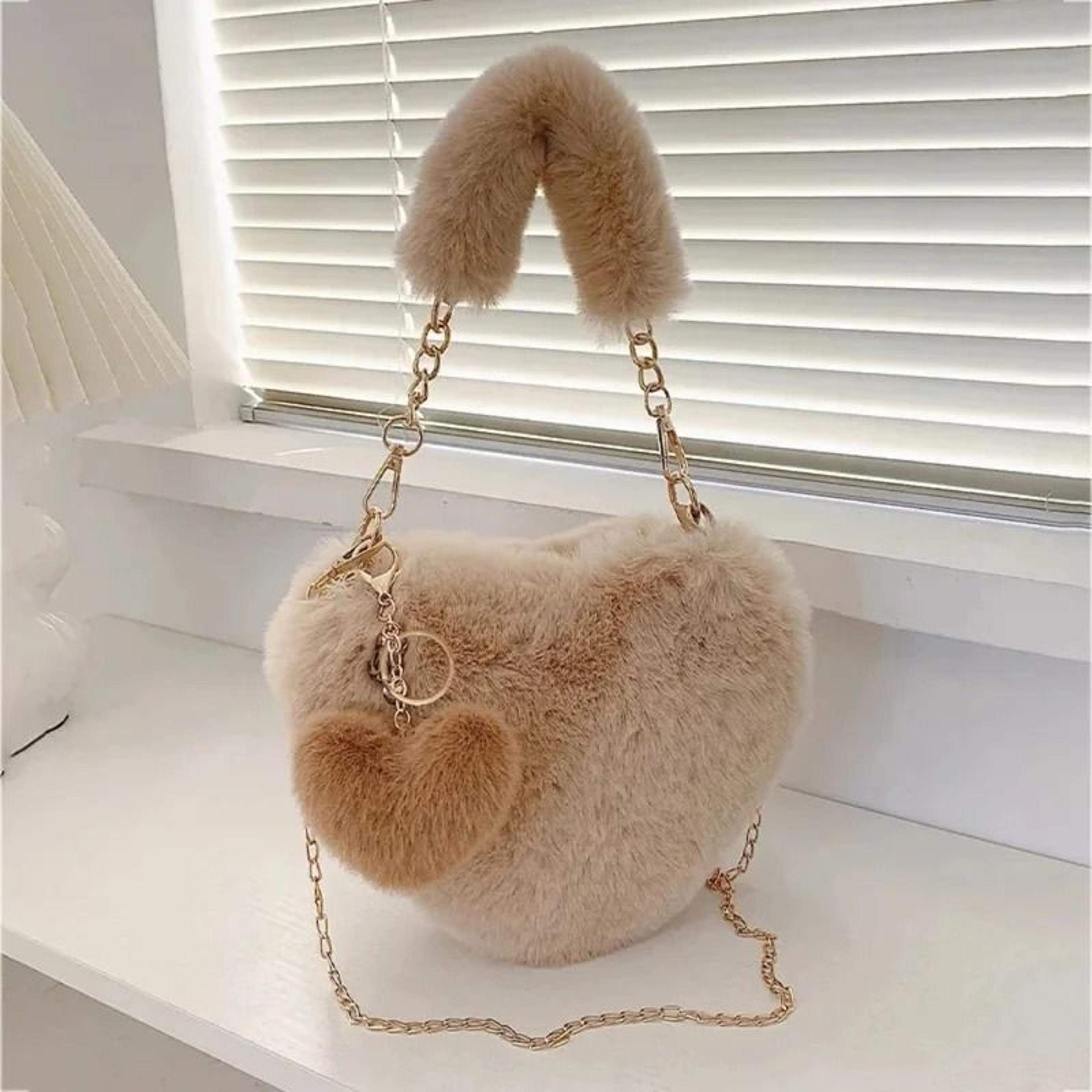 Faux Fur Heart Shaped Plush Shoulder Bag Womens Chain Purse 4