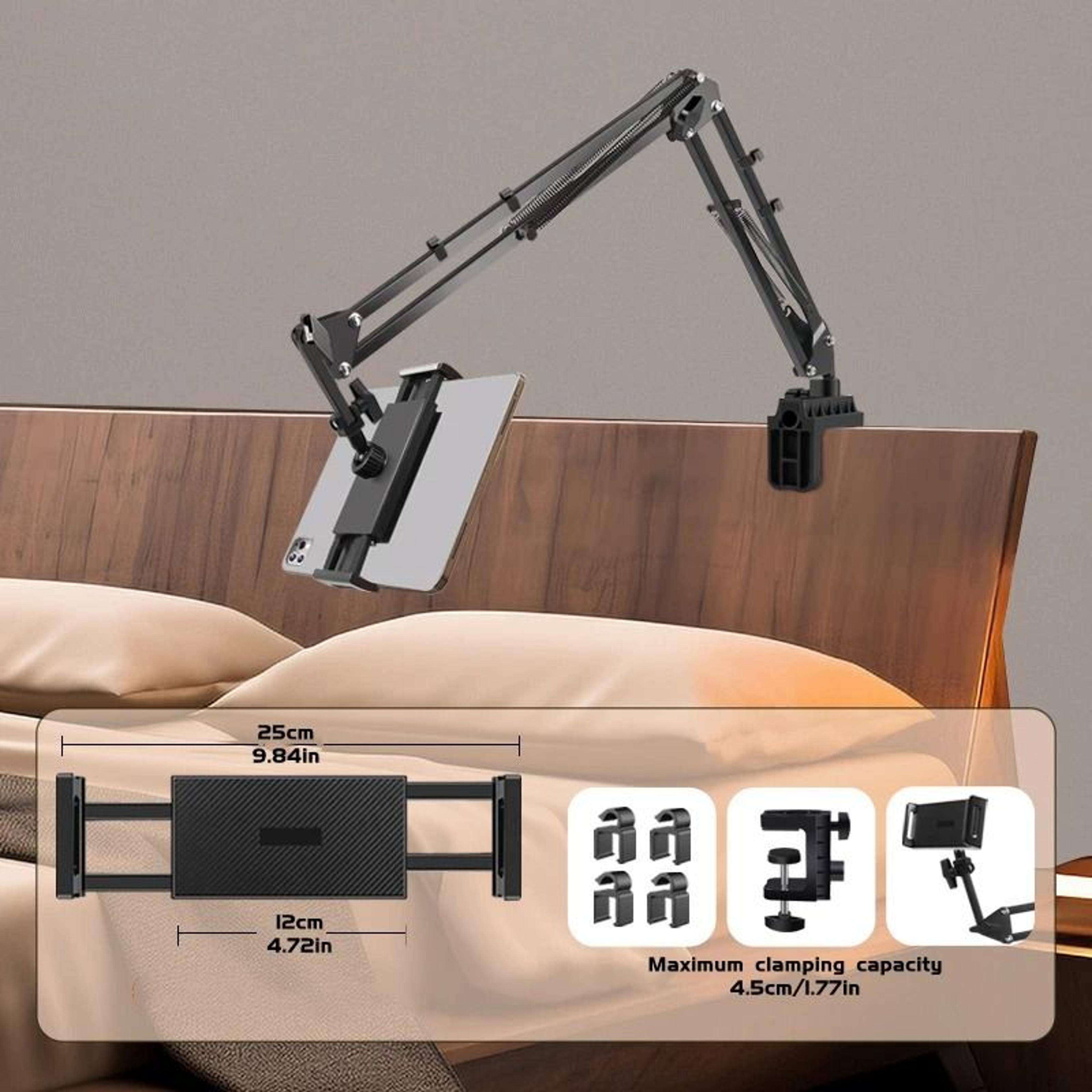 Adjustable Bed Tablet Holder With Rotatable Long Arm Clamp Mount 1