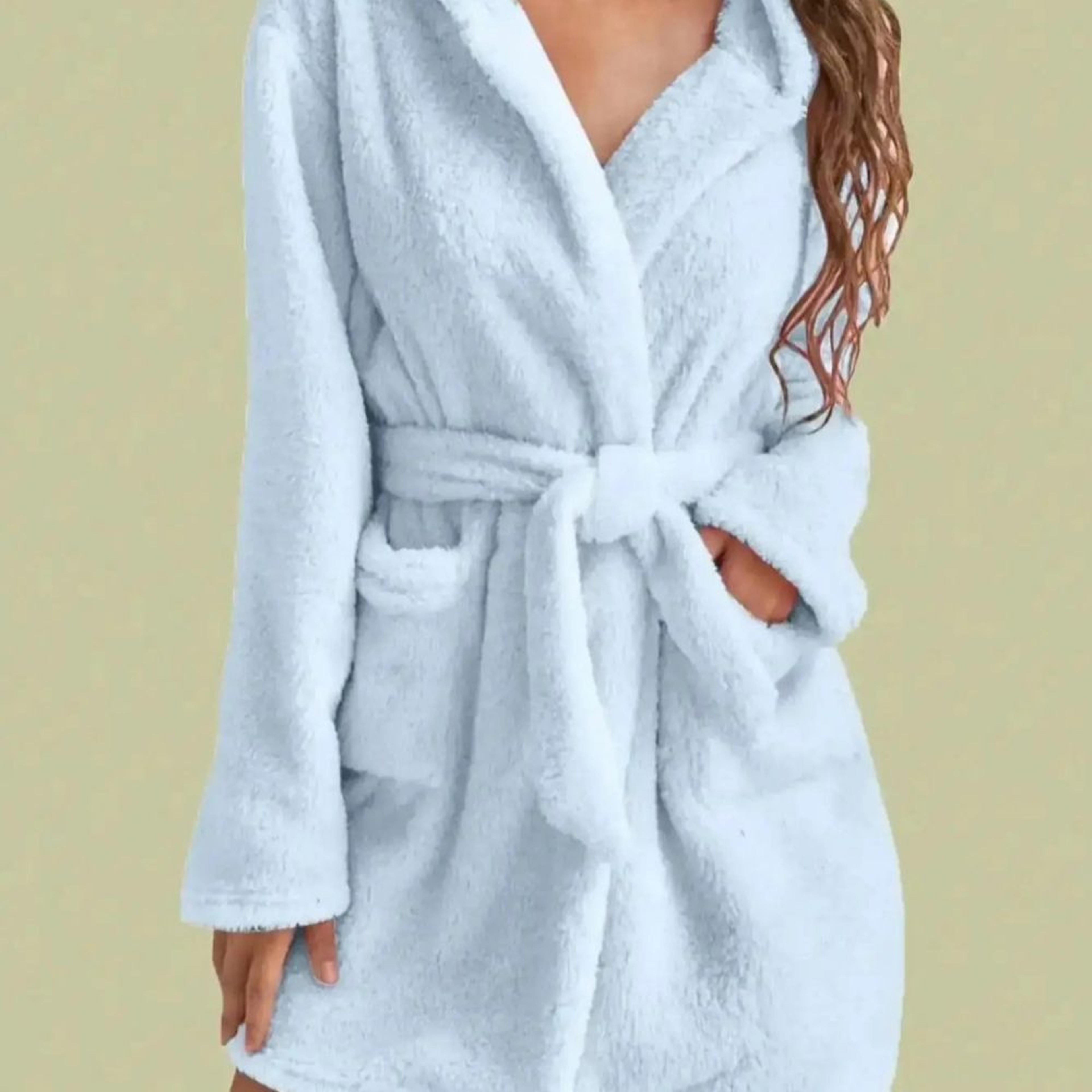 Womens Hooded Fleece Robe With Belt Cozy Autumn Winter Loungewear 9