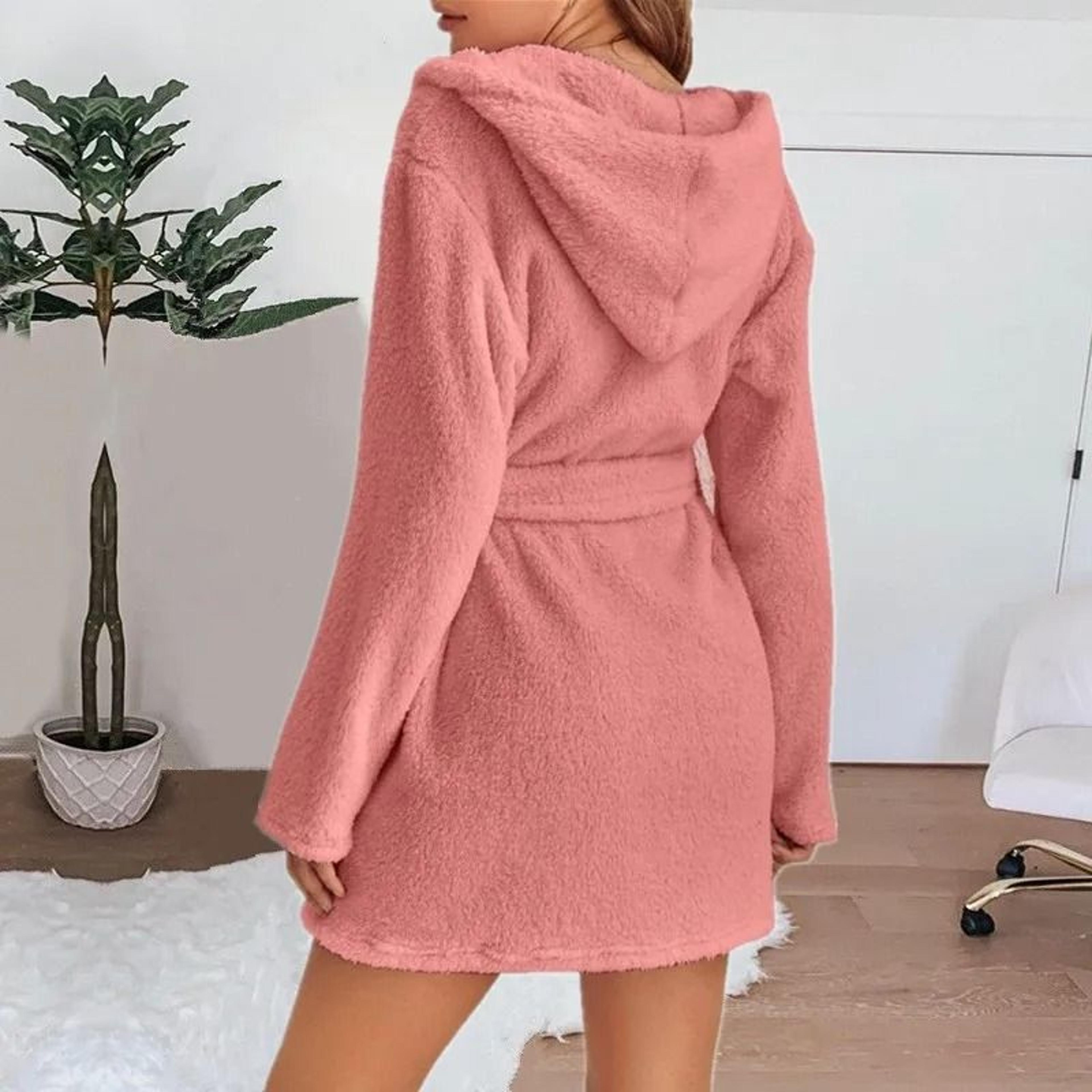 Winter Fluffy Plush Hooded Dressing Gown Warm Bathrobe For Women 11