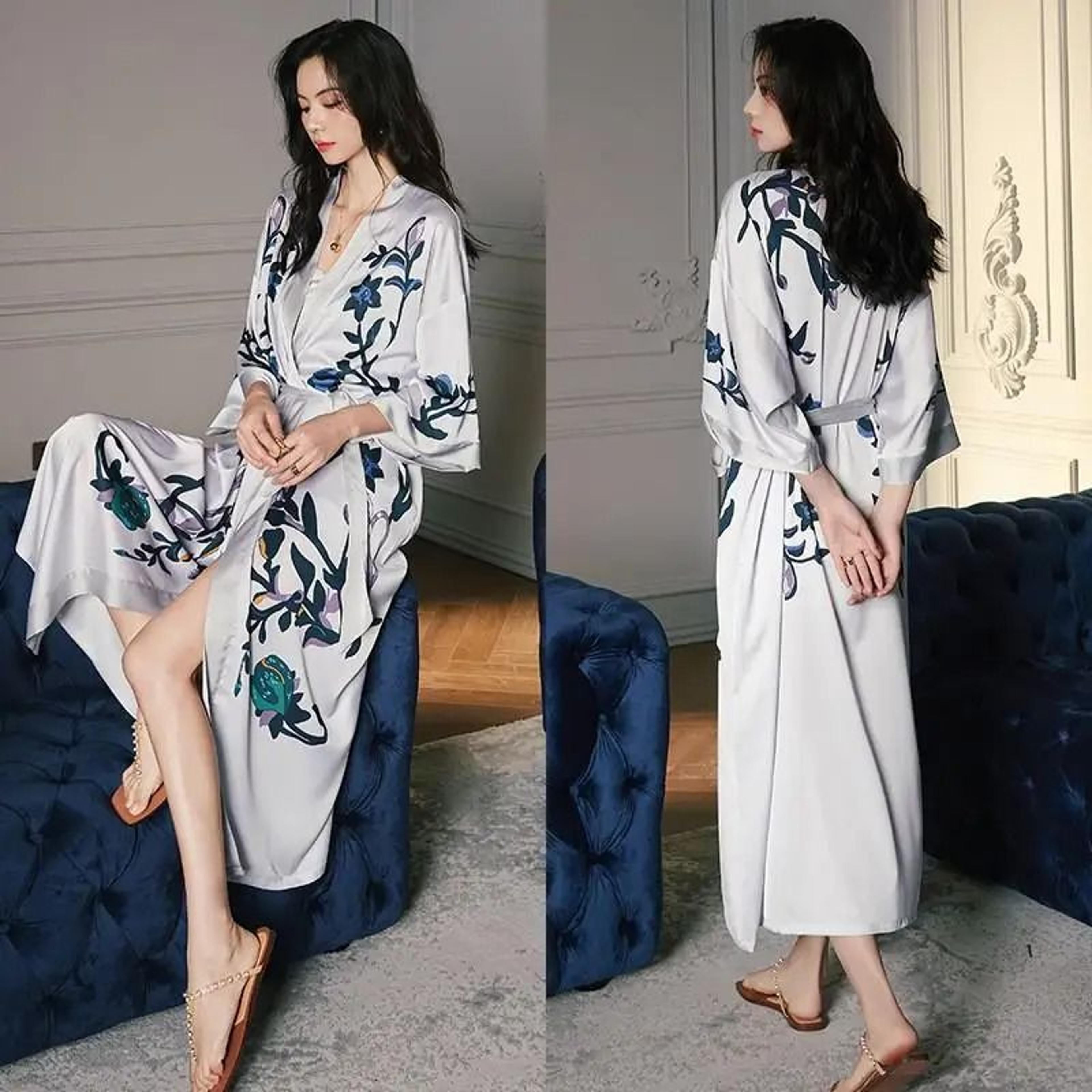 Floral Rayon Kimono Long Bathrobe For Women Spring Summer Loungewear 15