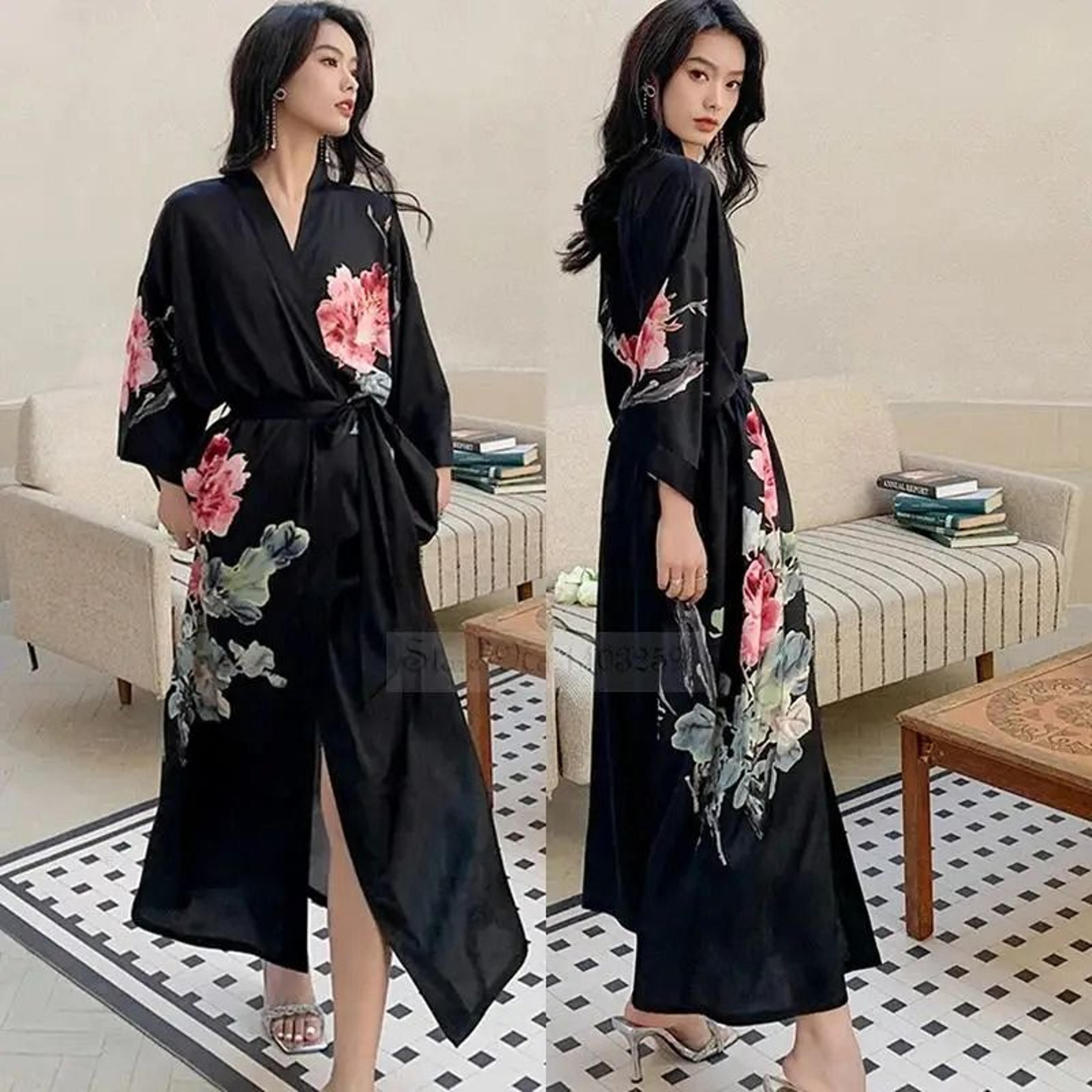 Floral Rayon Kimono Long Bathrobe For Women Spring Summer Loungewear 23