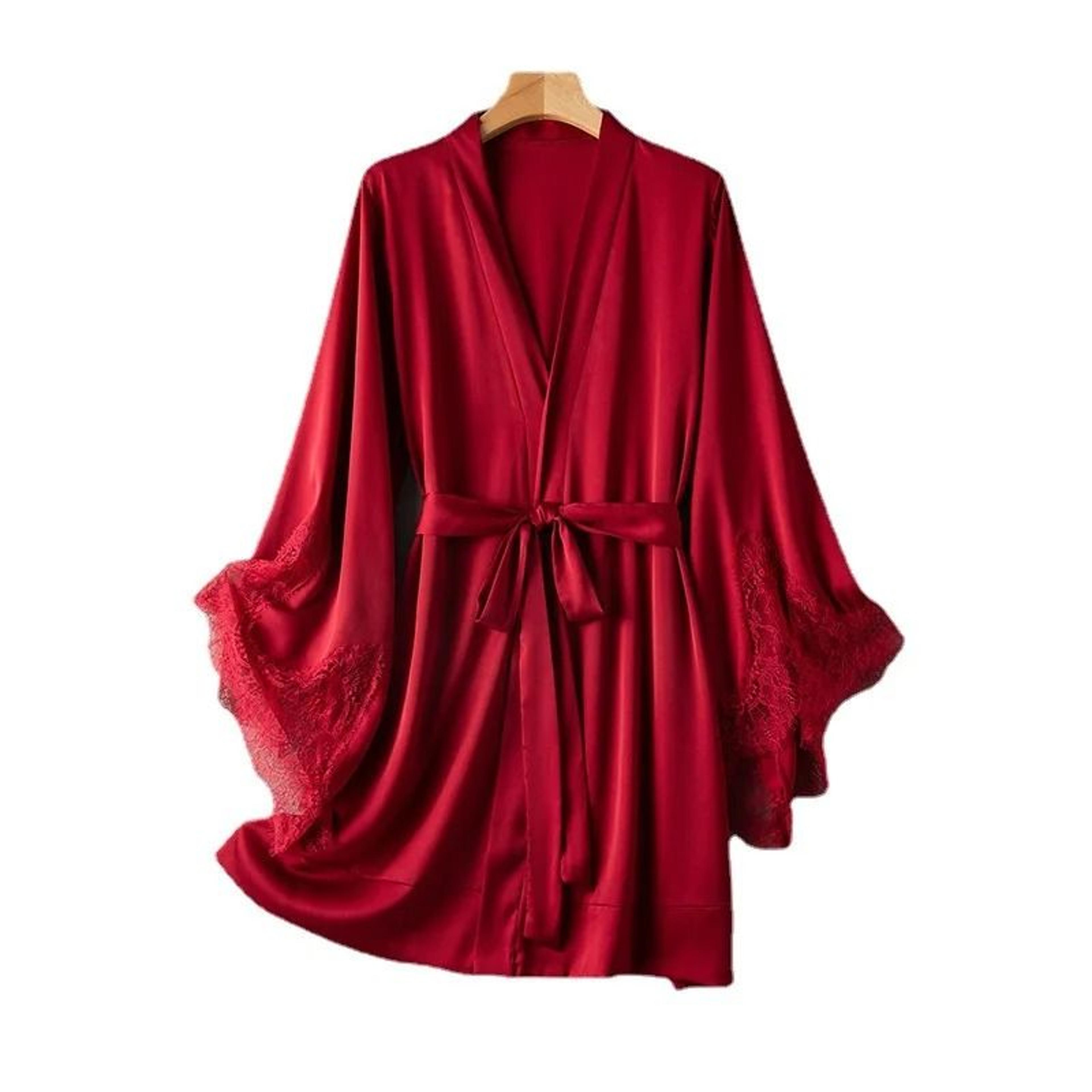 pink lace satin bridal nightgown kimono bathrobe for women