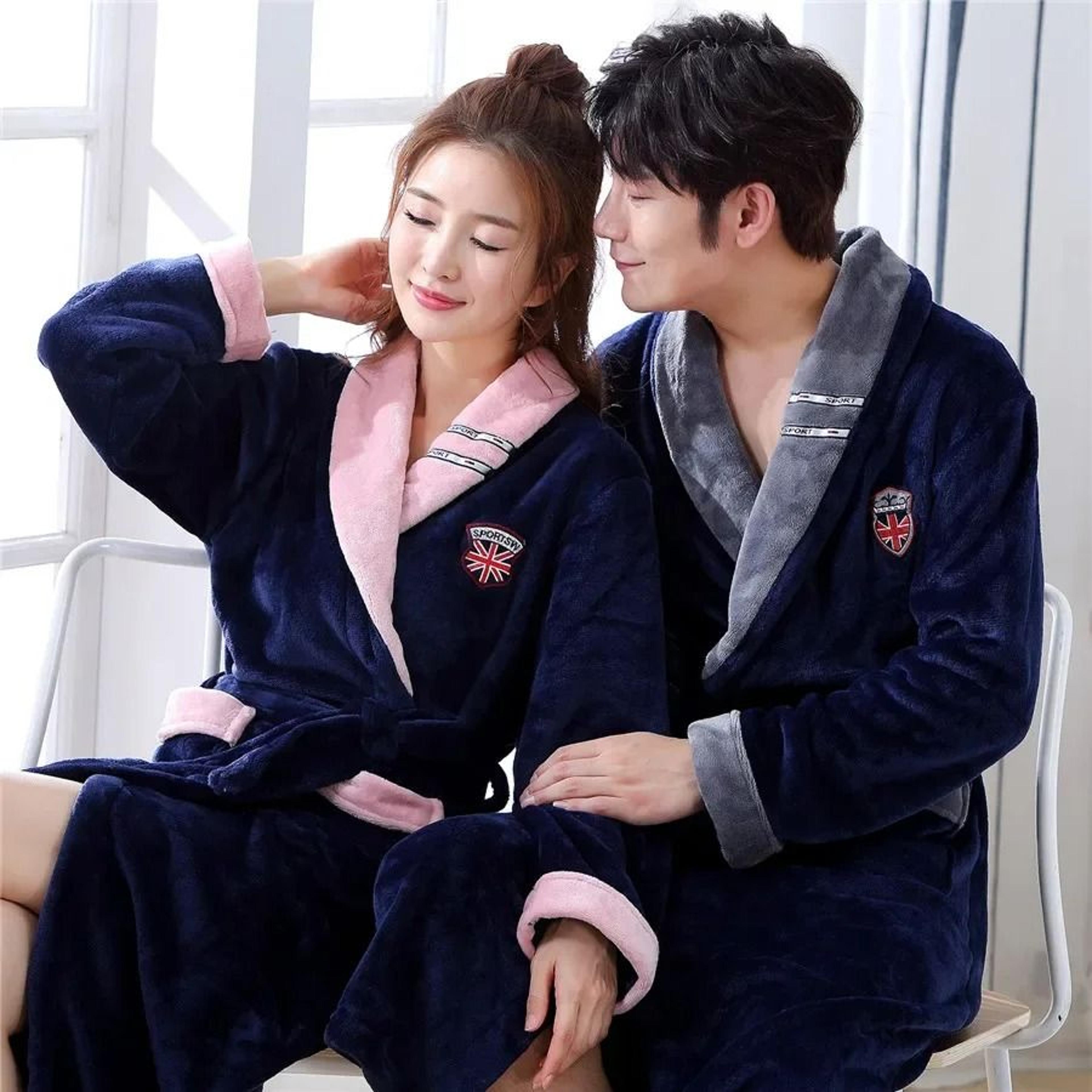 Winter Thick Coral Fleece Couple Robe Plush Flannel Kimono Gown 17