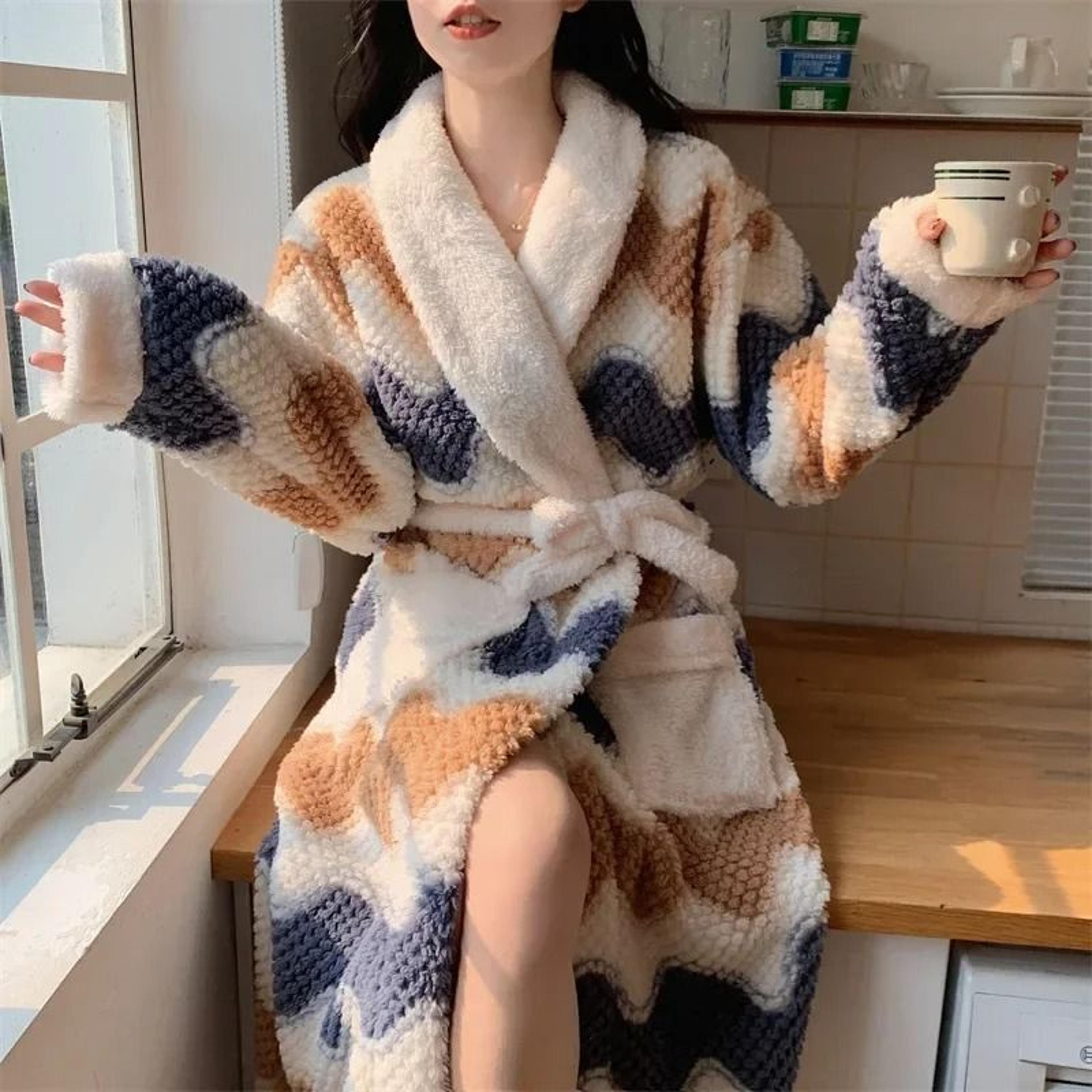 Cute Winter Pajama Robe Set Coral Fleece Nightgown Plus Velvet Warm Sleepwear 5