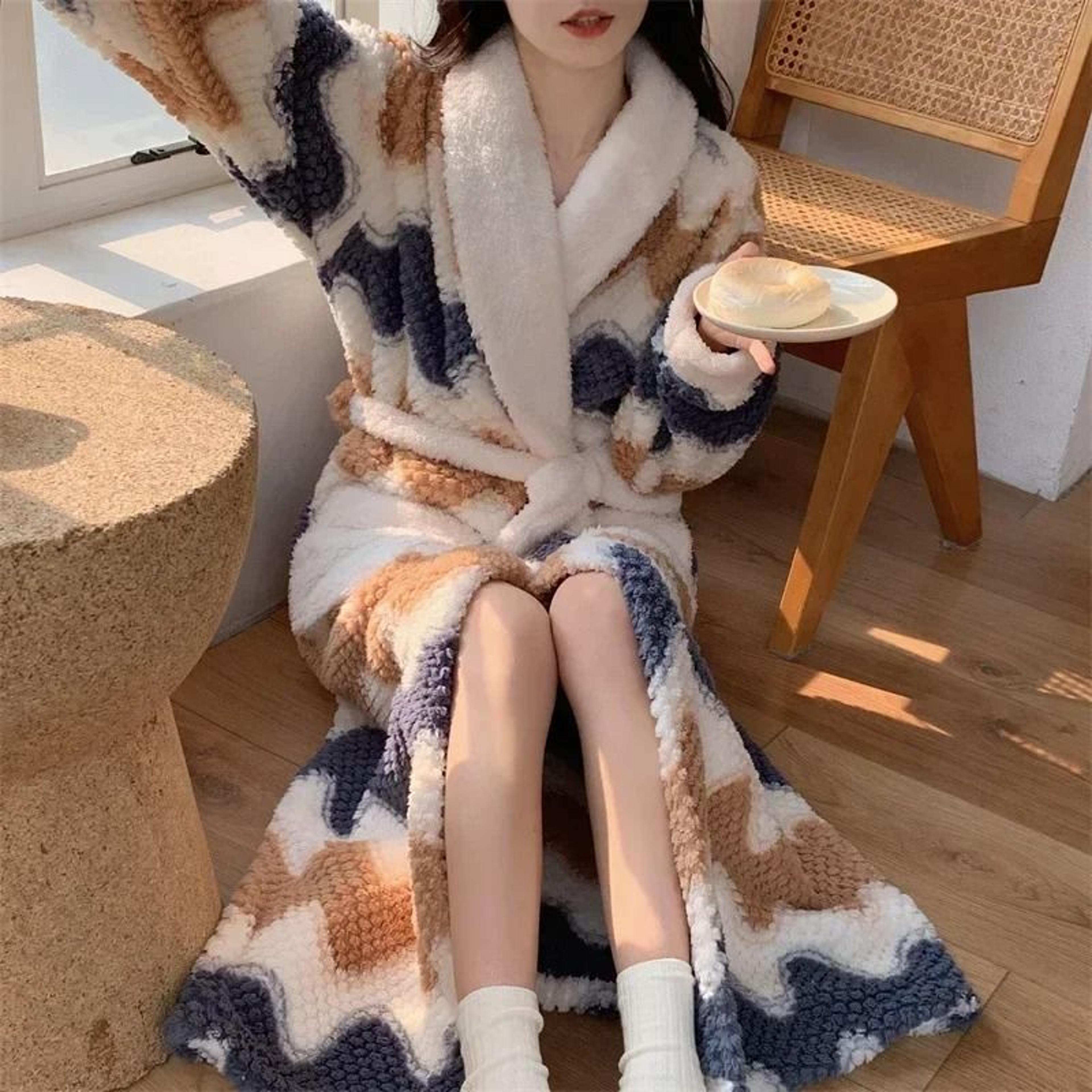 Cute Winter Pajama Robe Set Coral Fleece Nightgown Plus Velvet Warm Sleepwear 6