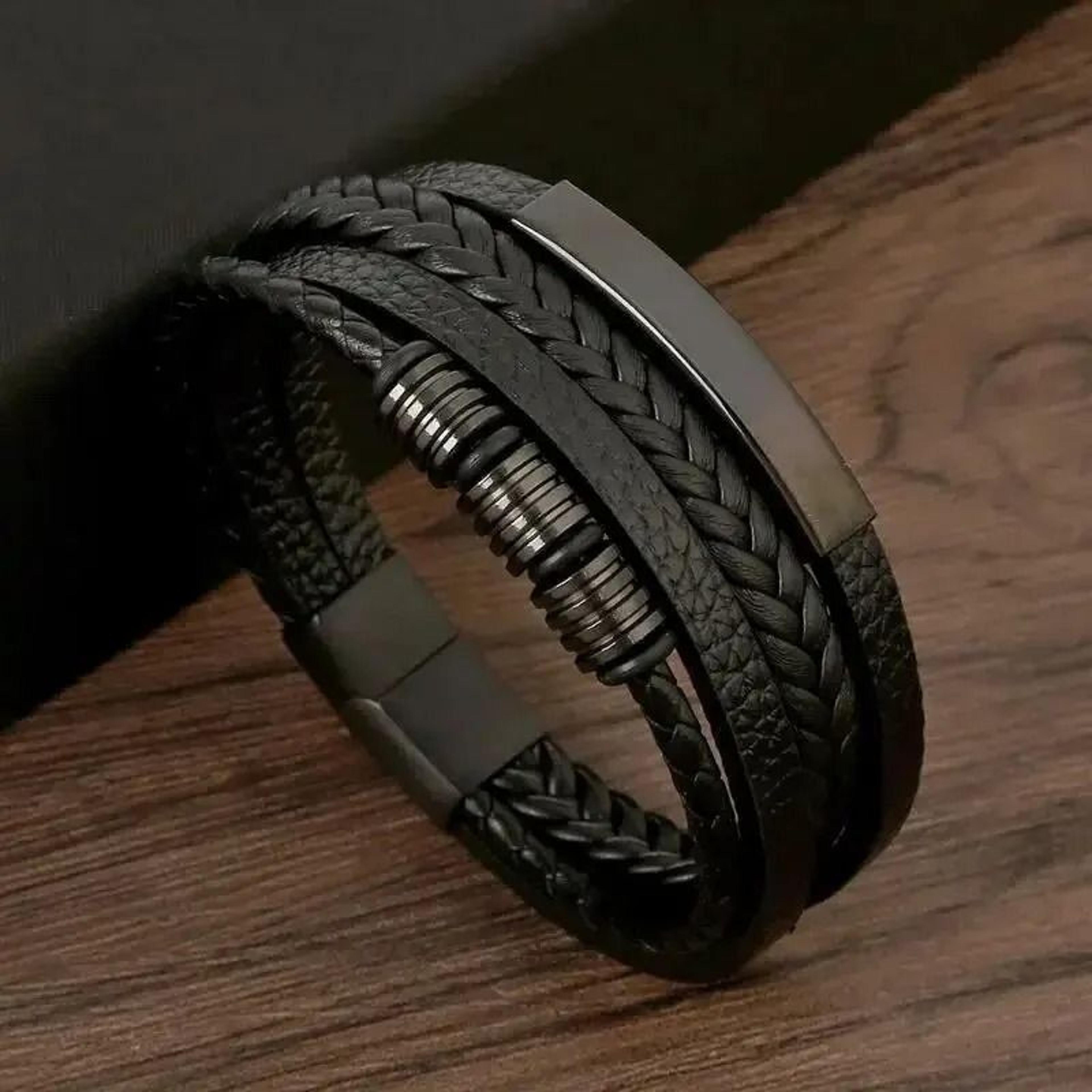 Multi Layer PU Leather Mens Bracelet With Magnetic Closure Gold Tube Charm 5