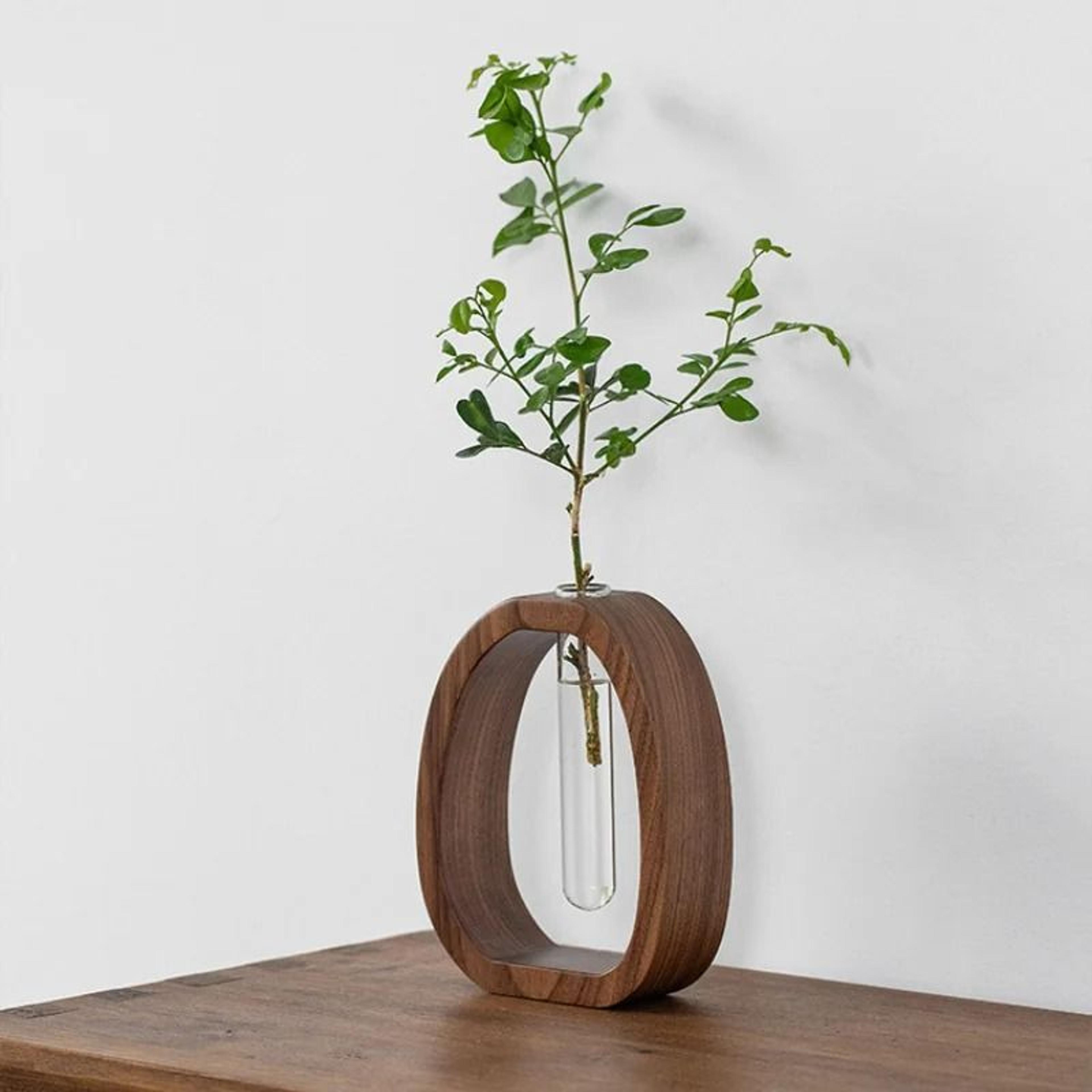 Solid Wood Flower Vase With Mini Glass Hydroponic Insert 7