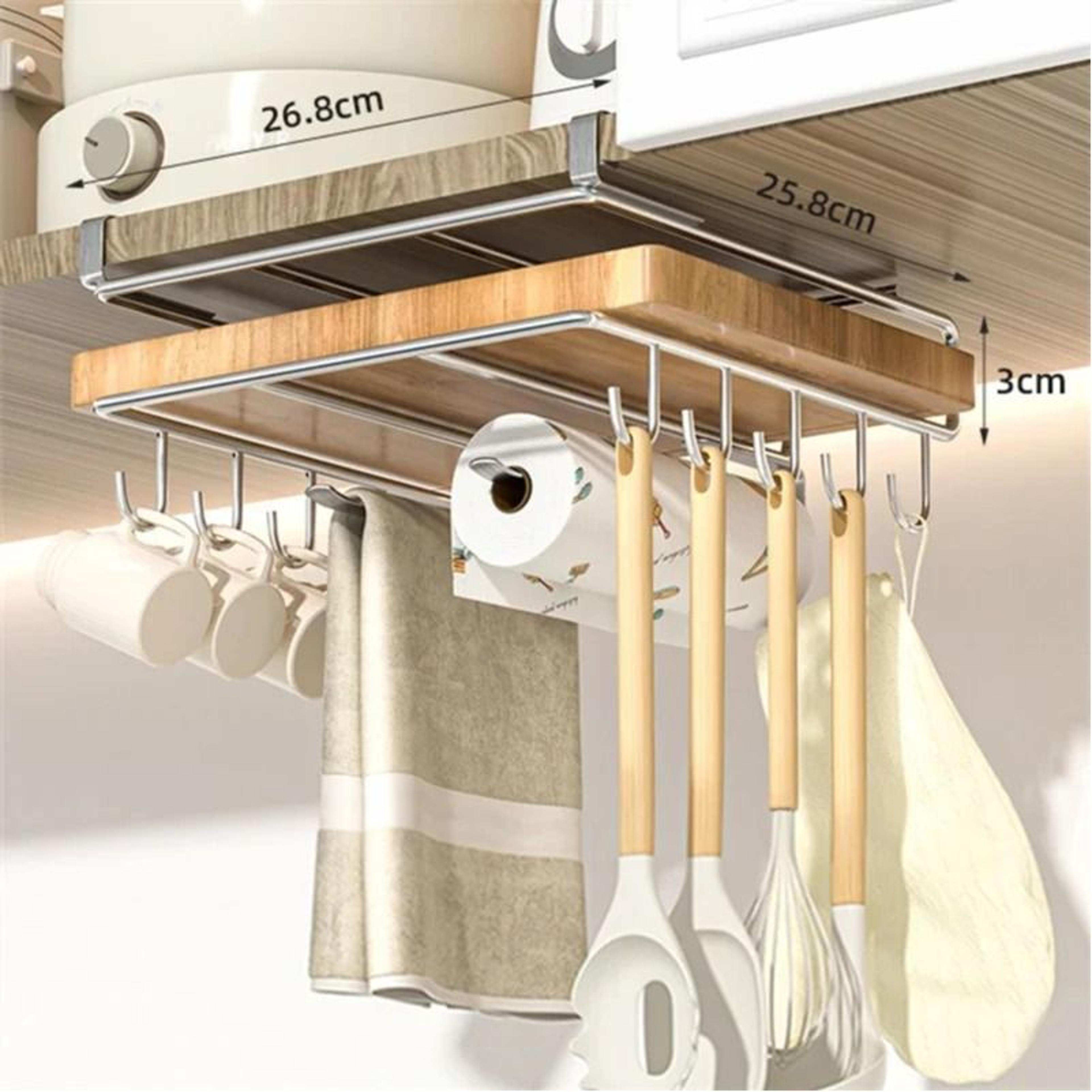 Stainless Steel Kitchen Hanging Organizer Rack With Hooks And Cutting Board Holder 11