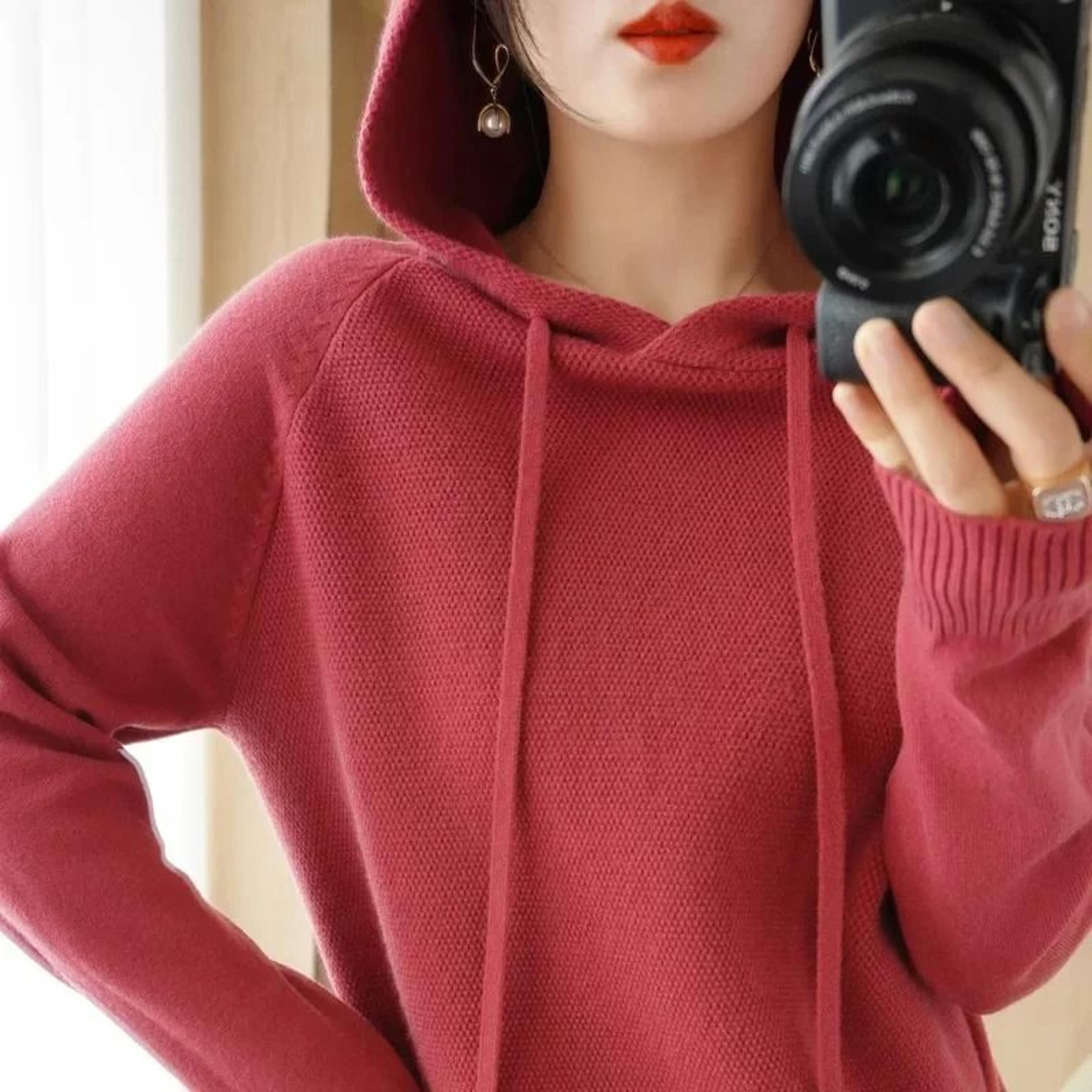 Womens Hooded Knit Sweater Korean Style Casual Pullover Hoodie Warm Long Sleeve Autumn Winter Top 4