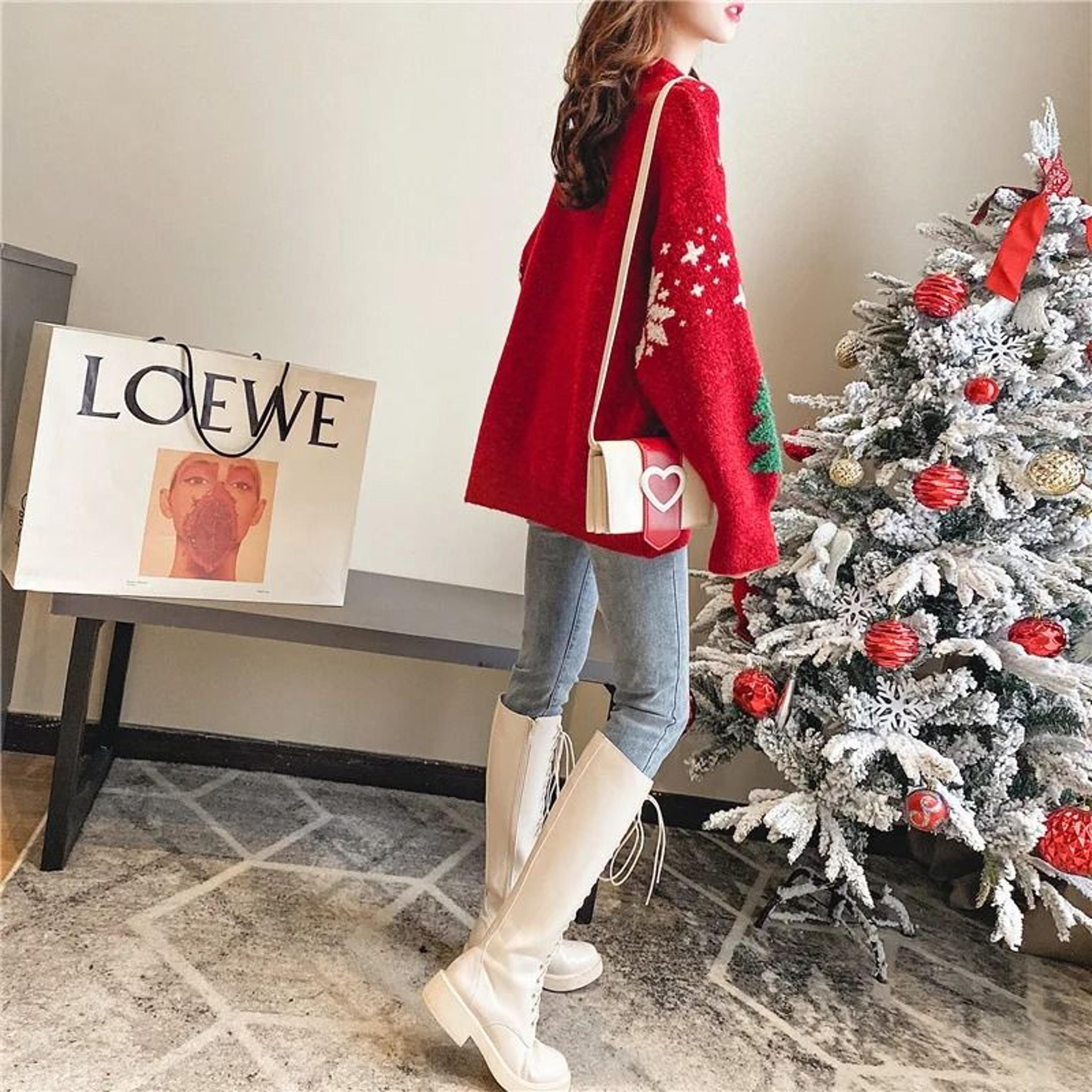 Womens Christmas Snowflake Sweater Korean Style Color Block Knit Pullover Thick Winter Round Neck S 4