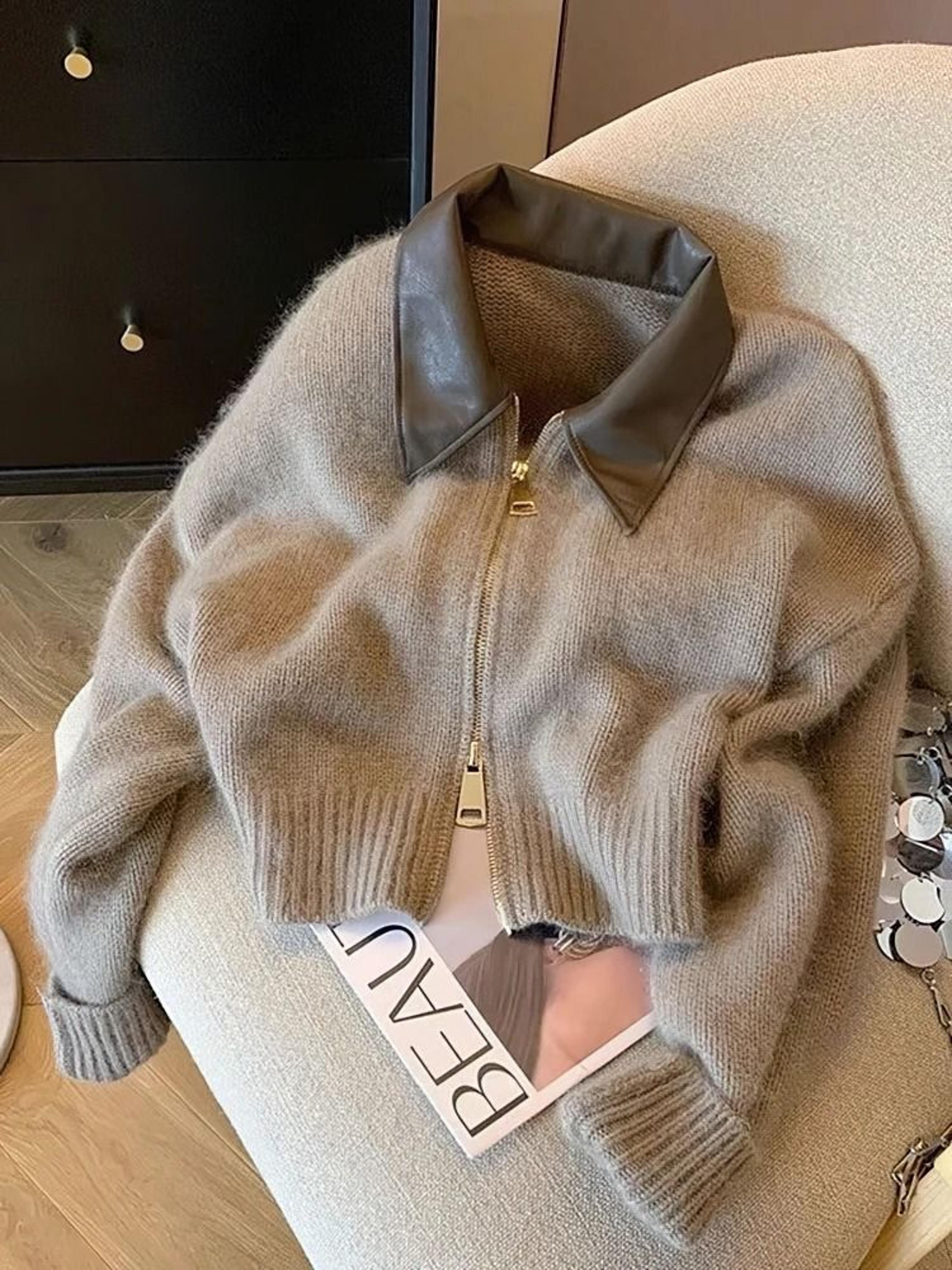 Womens Patchwork Cropped Cardigan Thick Zip Up Knit Bomber Sweater Vintage Y2K Short Knit Jacket 5