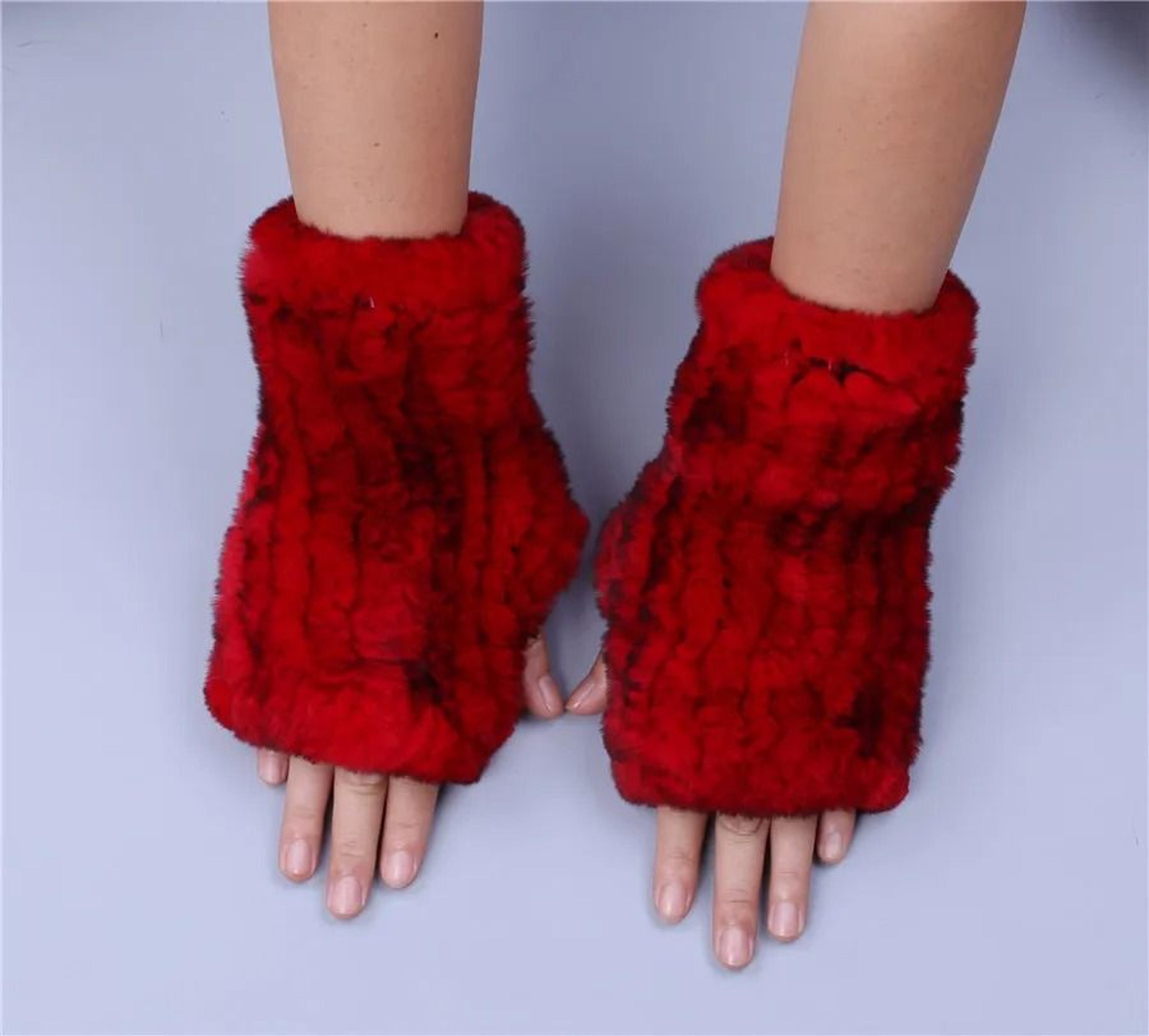 Luxury Rex Rabbit Fur Fingerless Gloves Fluffy Womens Winter Wrist Warmers 3
