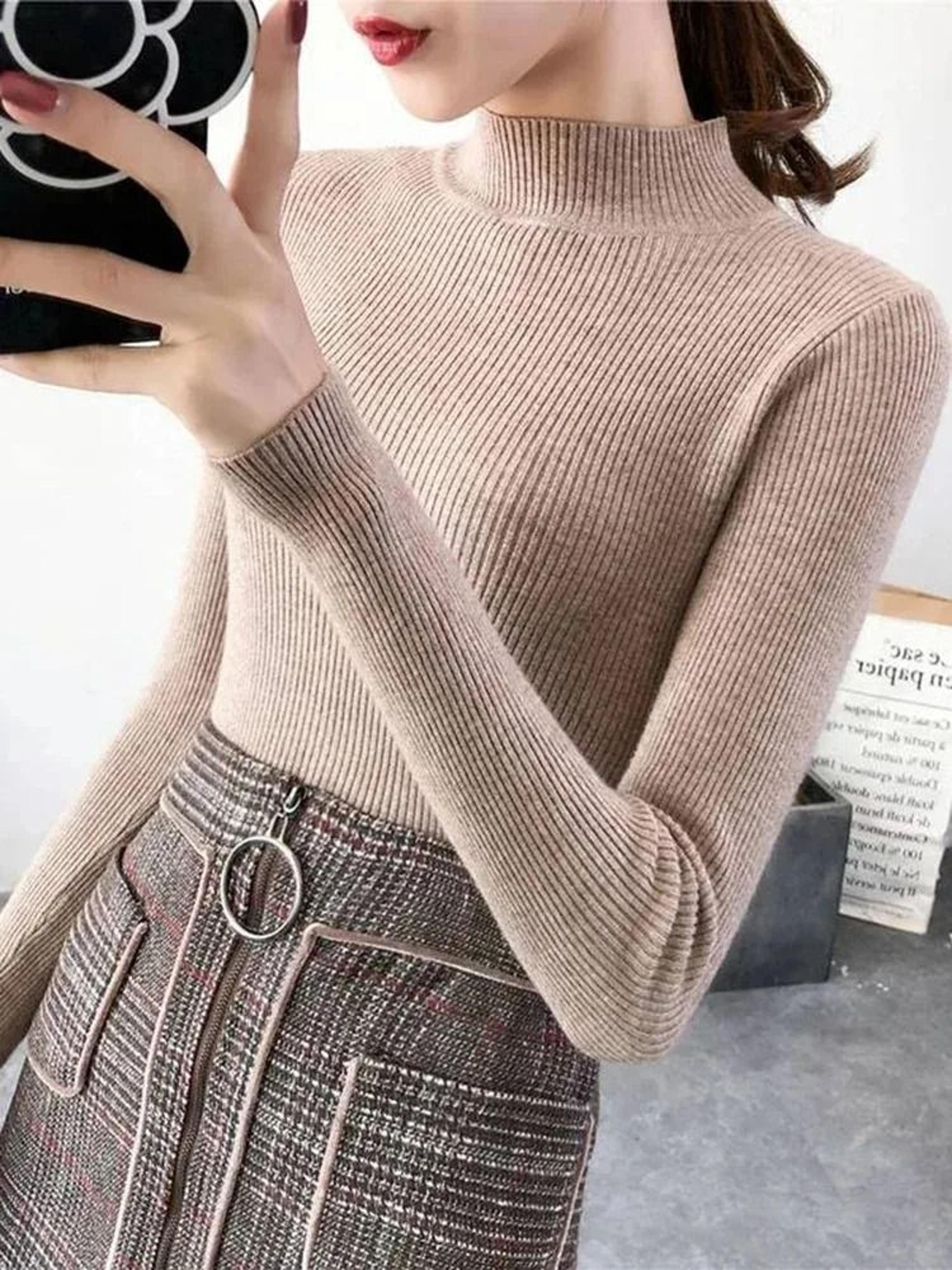 Elegant Womens Mock Neck Knit Sweater Slim Fit Korean Style Pullover 8