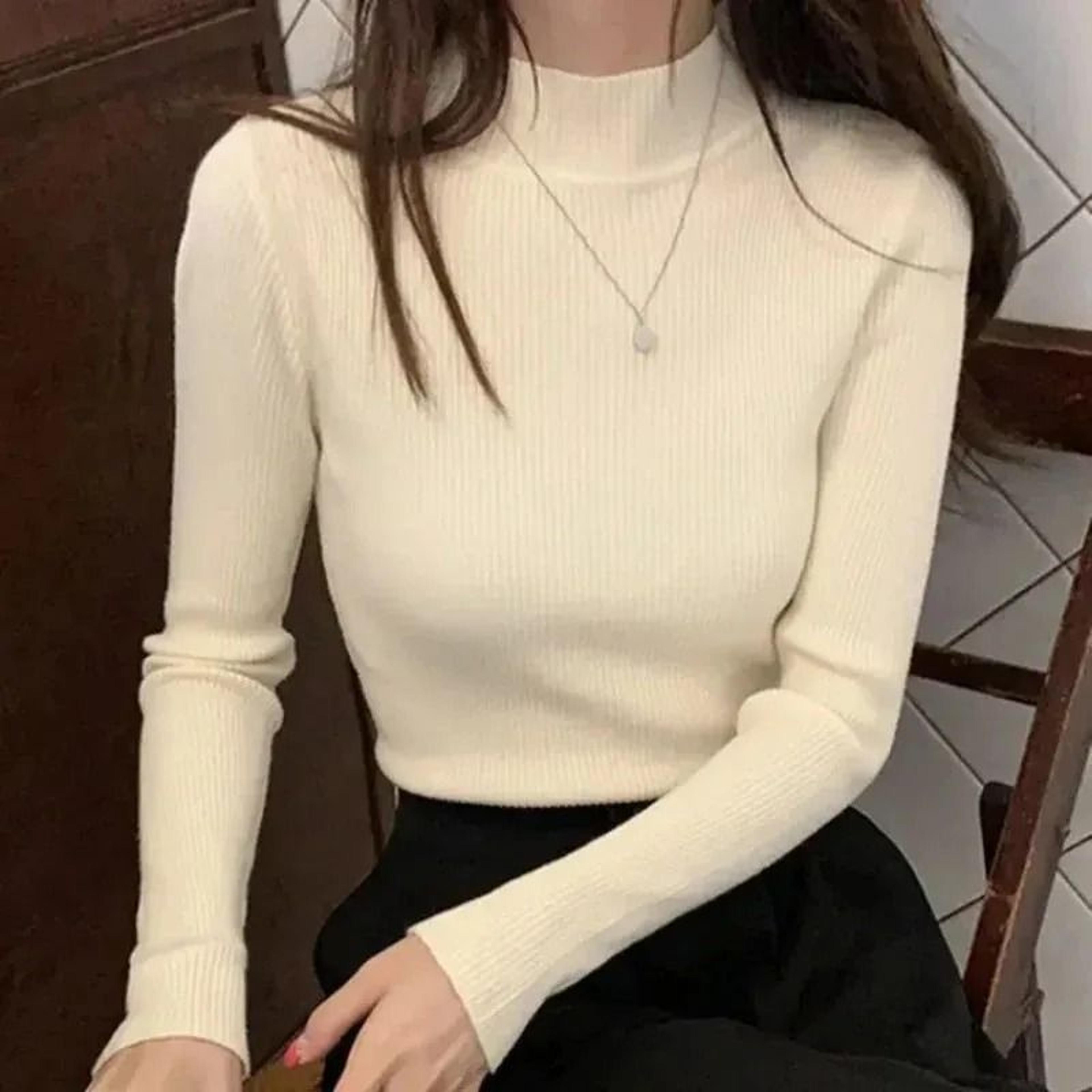 Elegant Womens Mock Neck Knit Sweater Slim Fit Korean Style Pullover 4