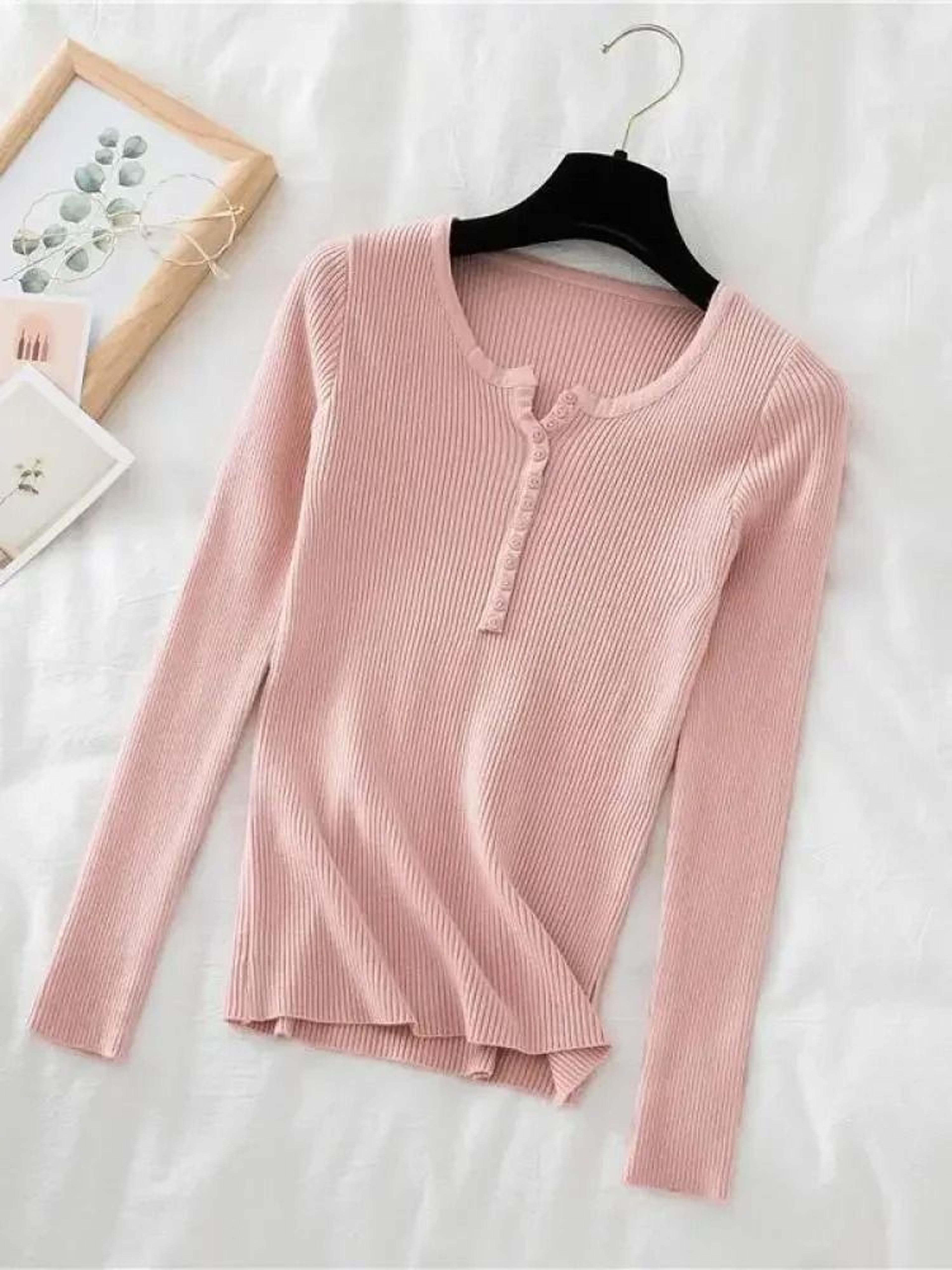 Chic Womens V Neck Knit Sweater Korean Style Button Slim Fit Pullover 6