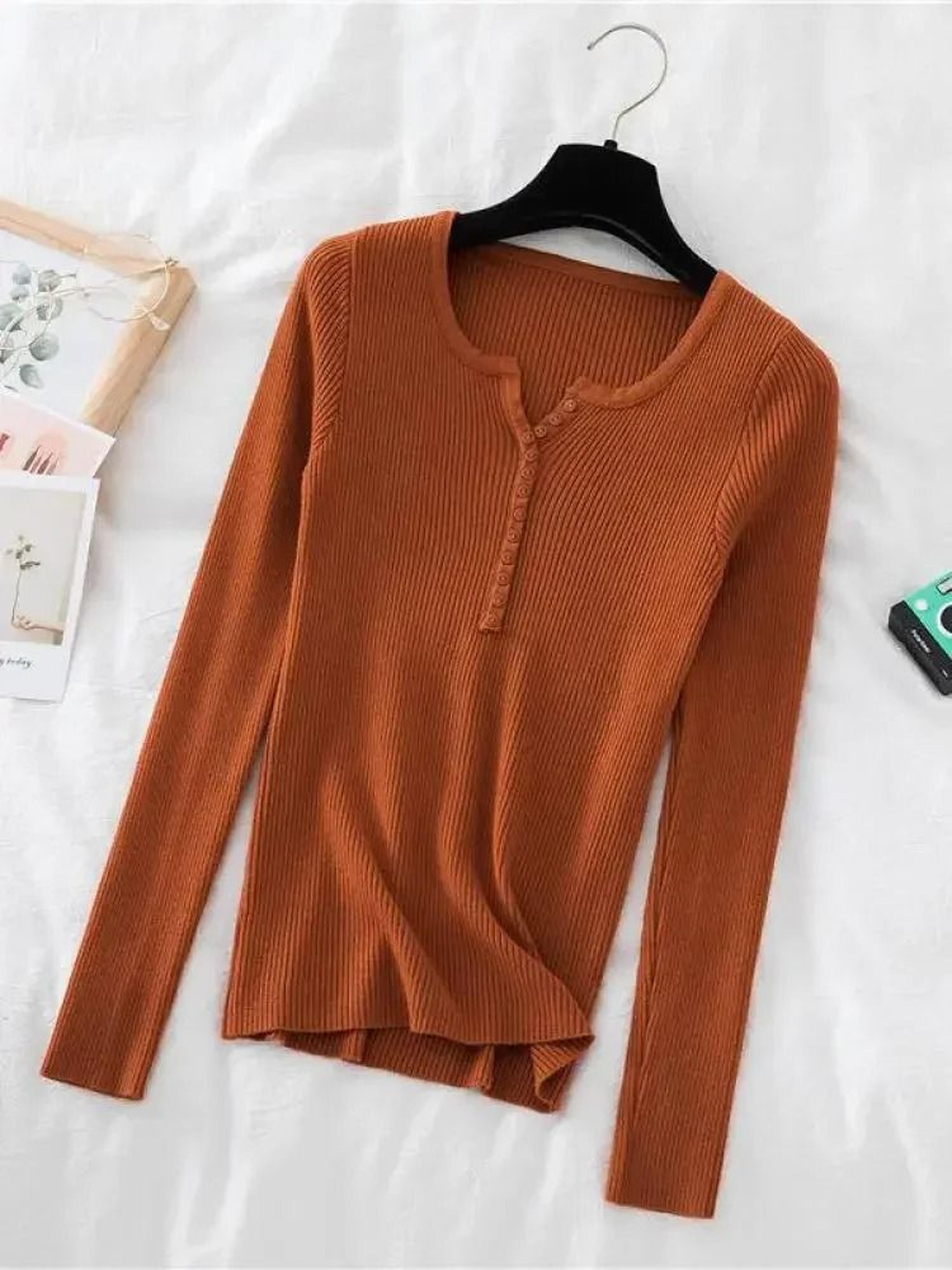 Chic Womens V Neck Knit Sweater Korean Style Button Slim Fit Pullover 1