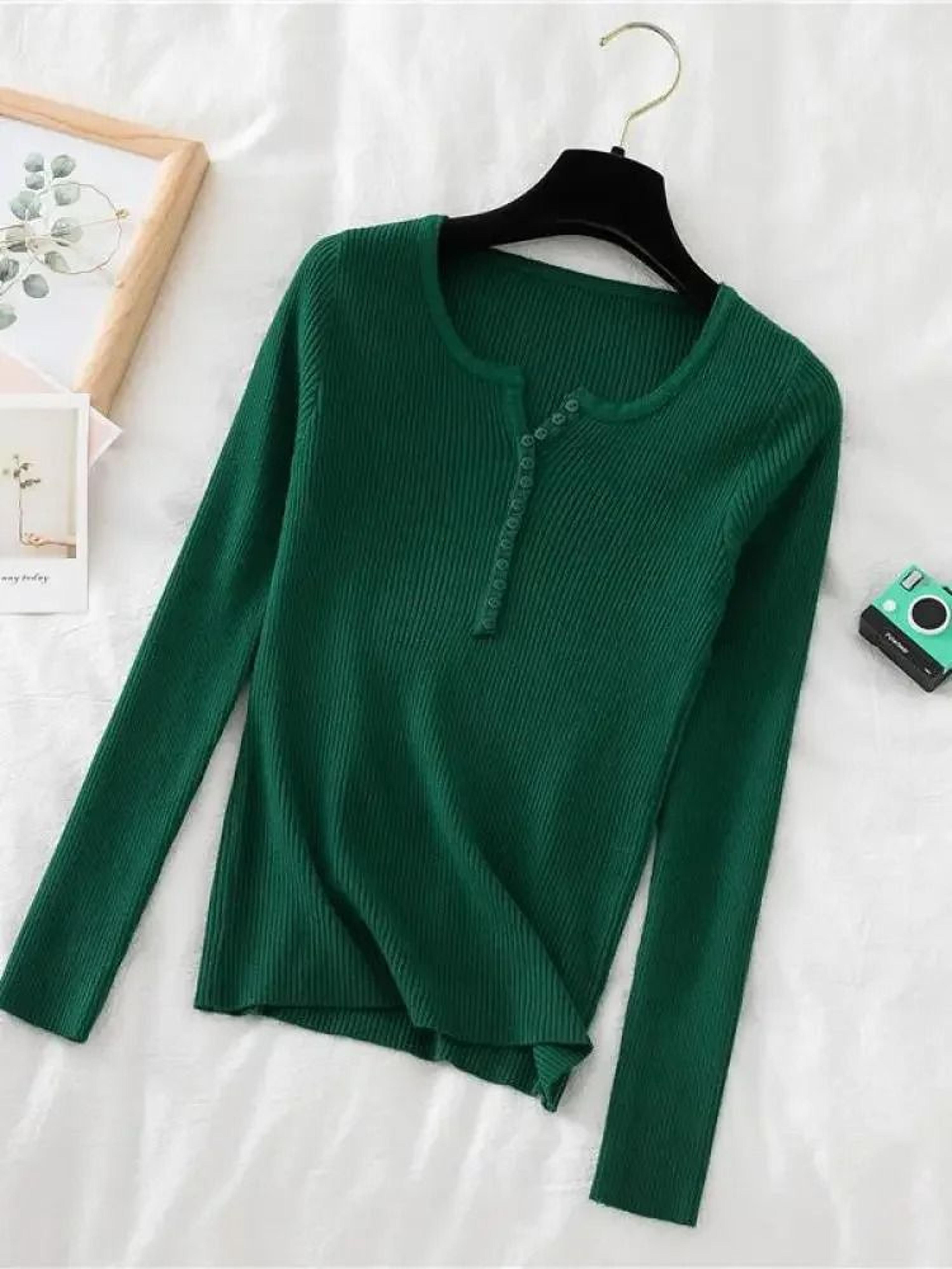 Chic Womens V Neck Knit Sweater Korean Style Button Slim Fit Pullover 2