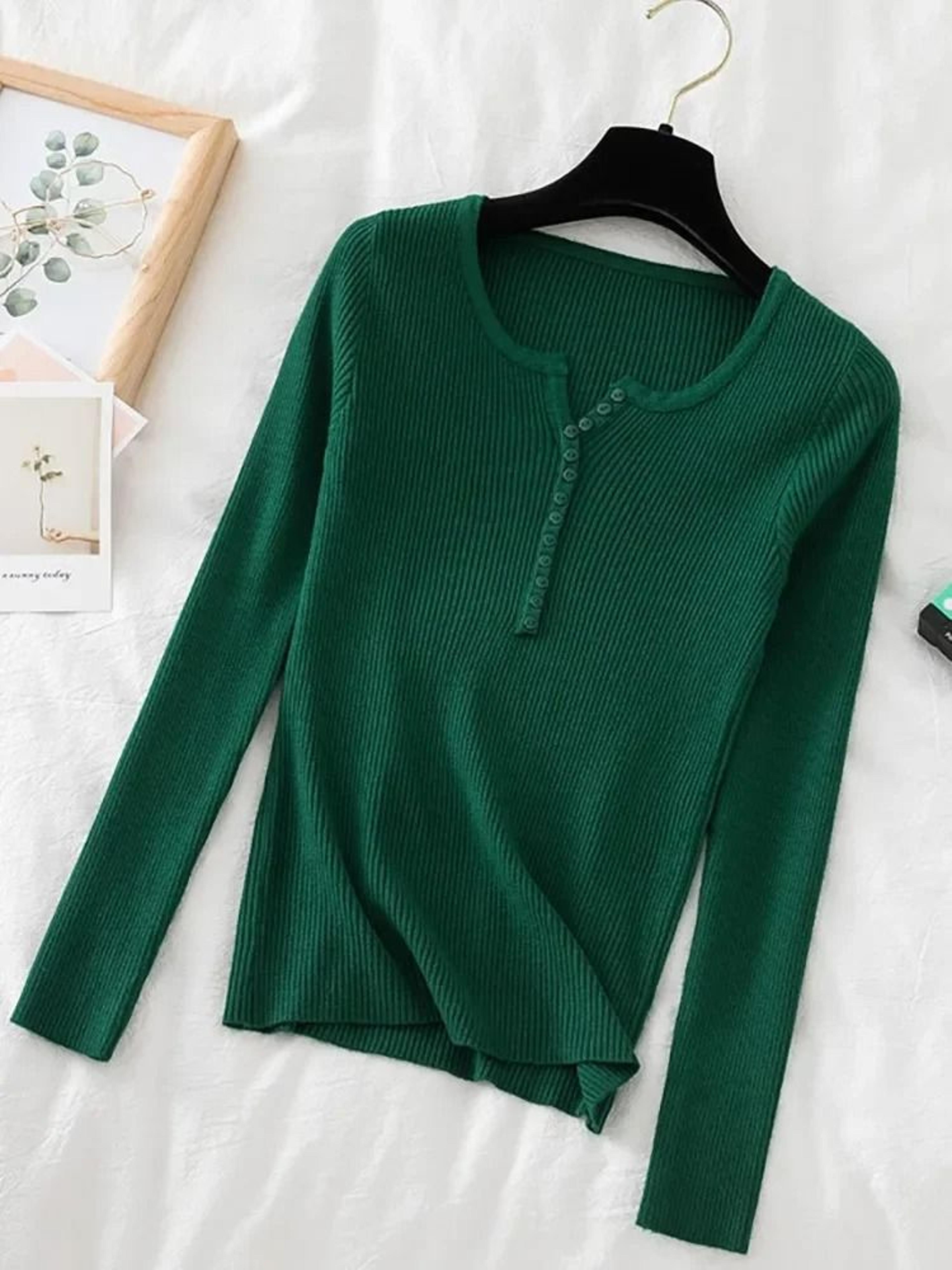 Chic Womens V Neck Knit Sweater Korean Style Button Slim Fit Pullover 18