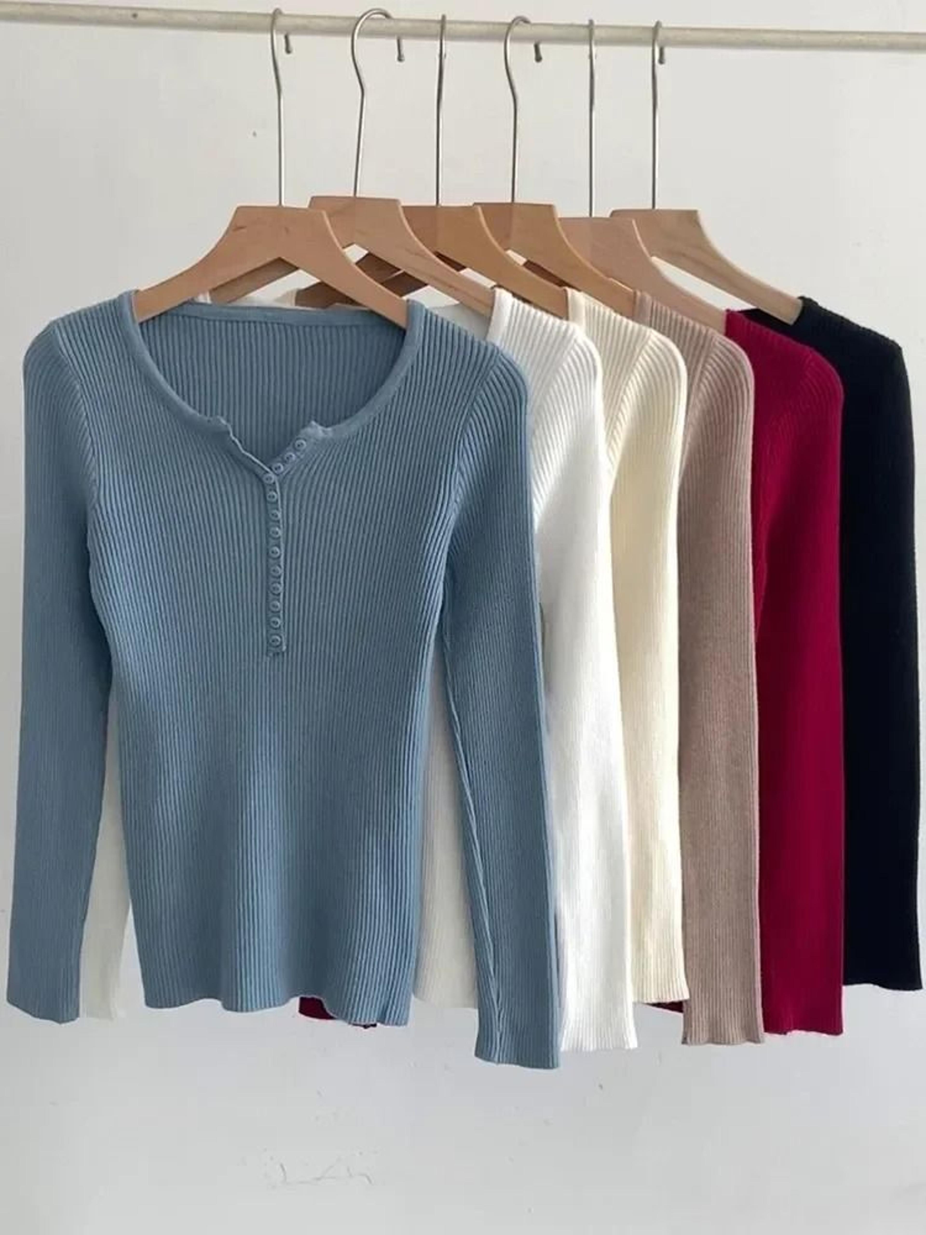 Chic Womens V Neck Knit Sweater Korean Style Button Slim Fit Pullover 19