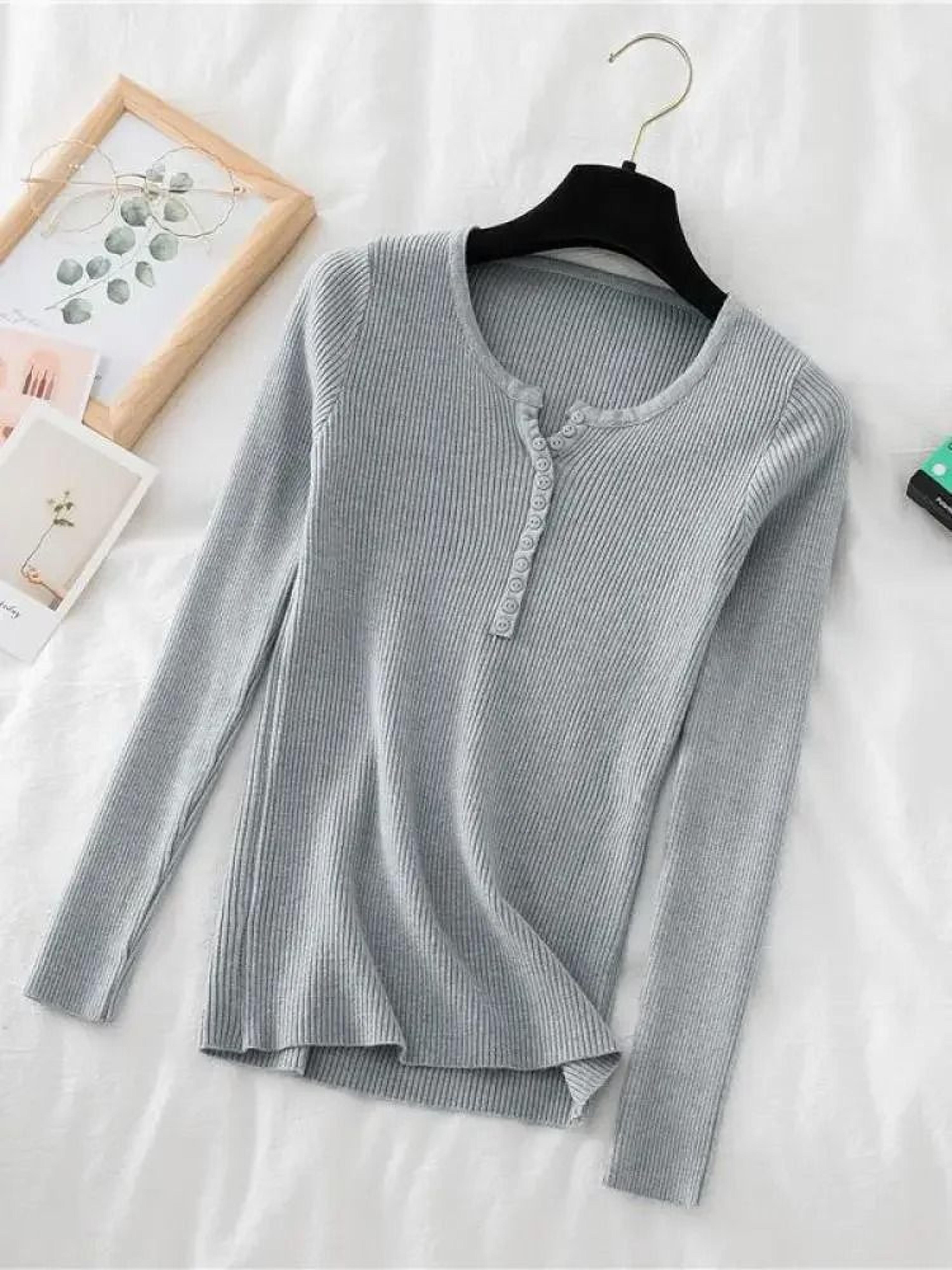 Chic Womens V Neck Knit Sweater Korean Style Button Slim Fit Pullover 7