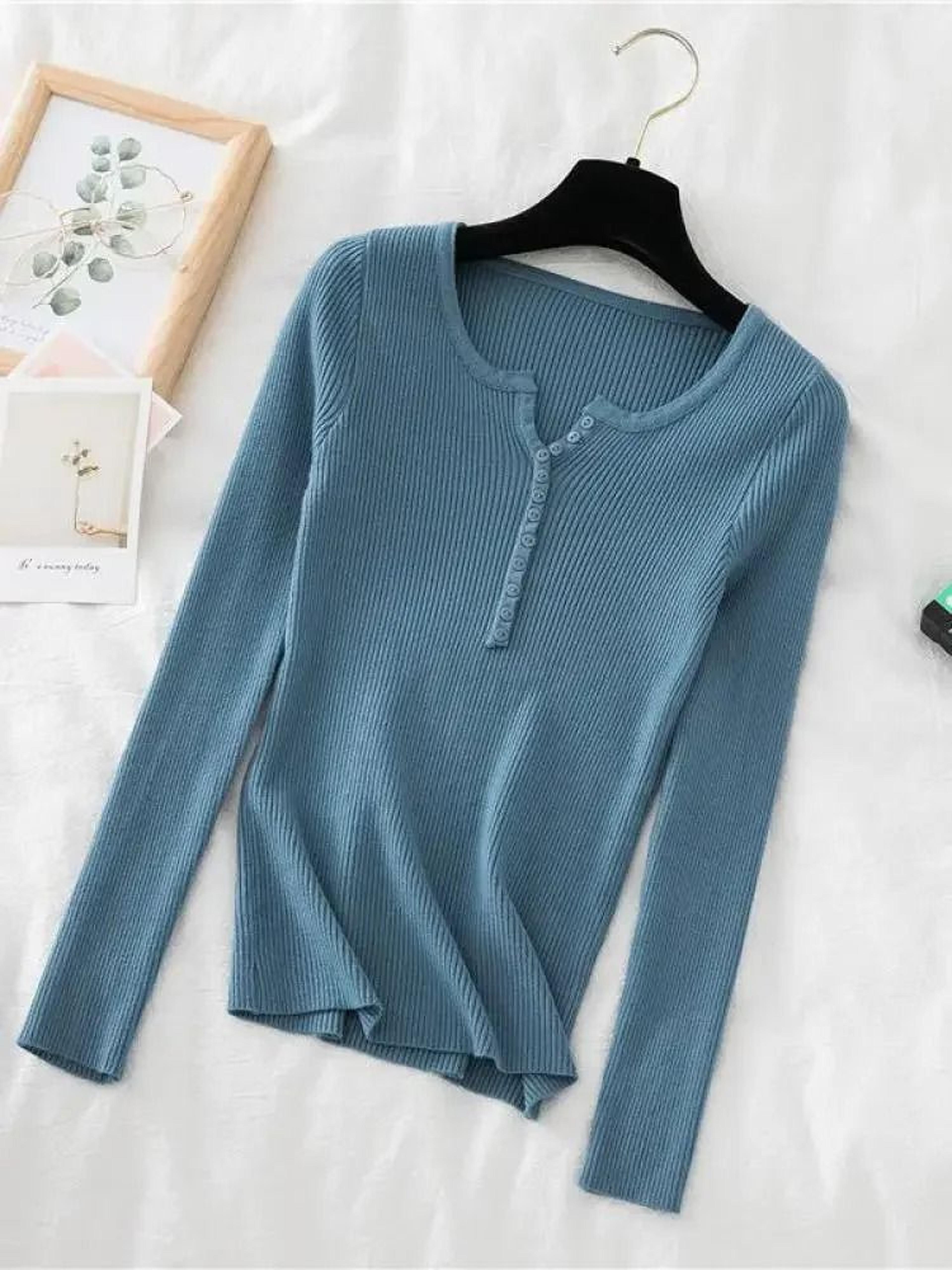 Chic Womens V Neck Knit Sweater Korean Style Button Slim Fit Pullover 8