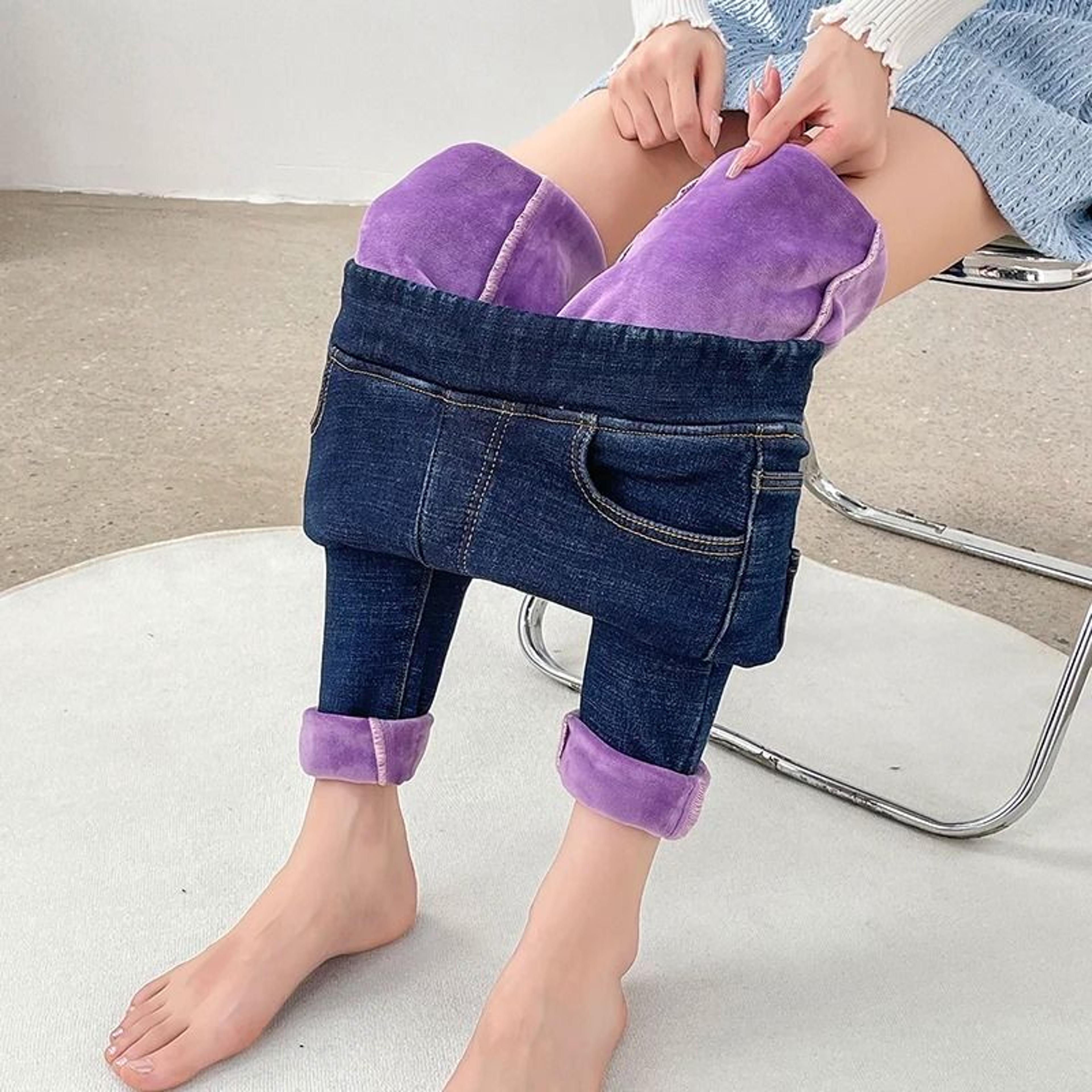 Womens Fleece Lined Winter Jeans Elastic Waist Warm Slim Mom Denim Pants 1