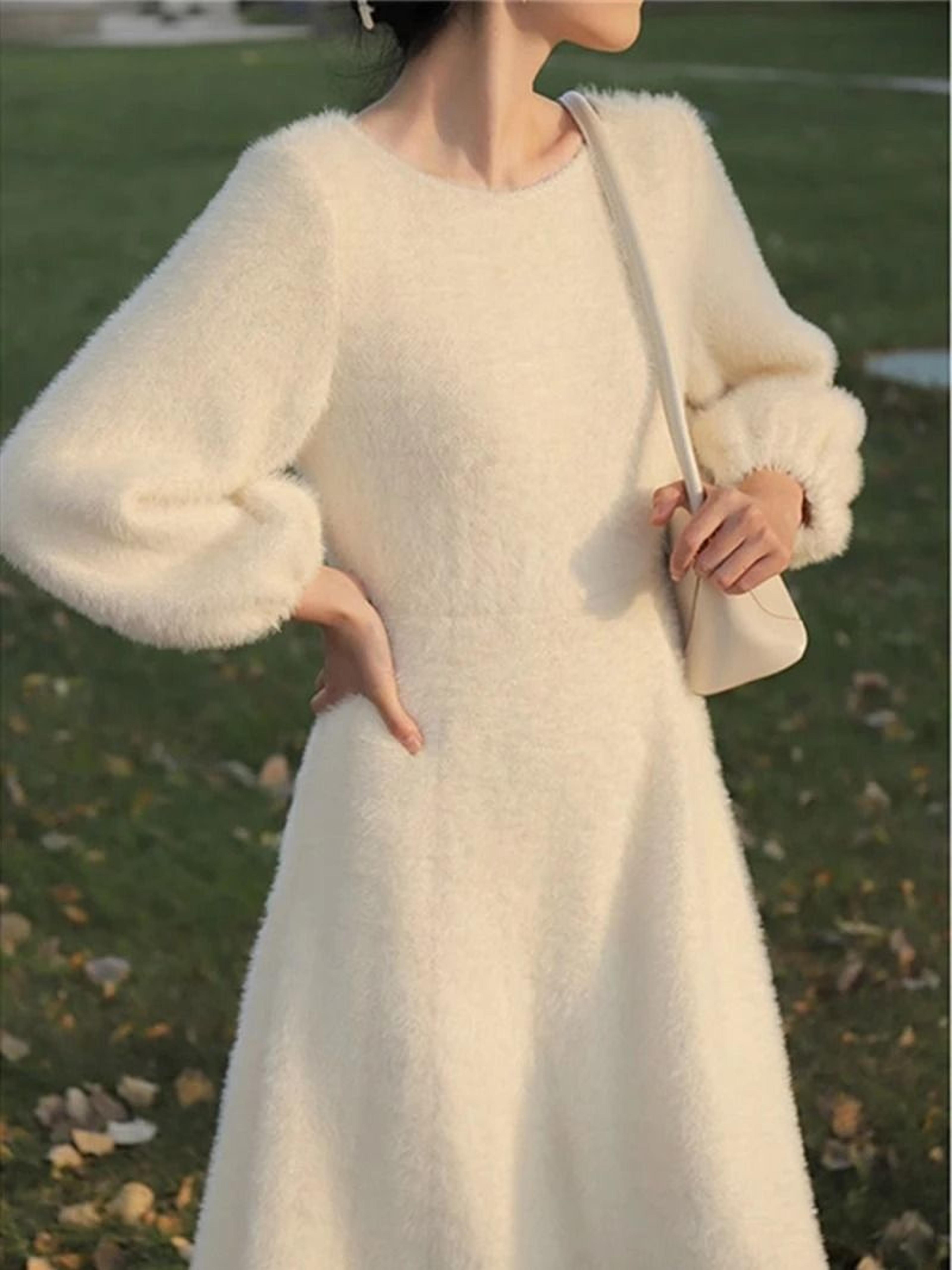 Womens Plush White Sweater Dress Long Sleeve Elegant Winter Knit Dress 4