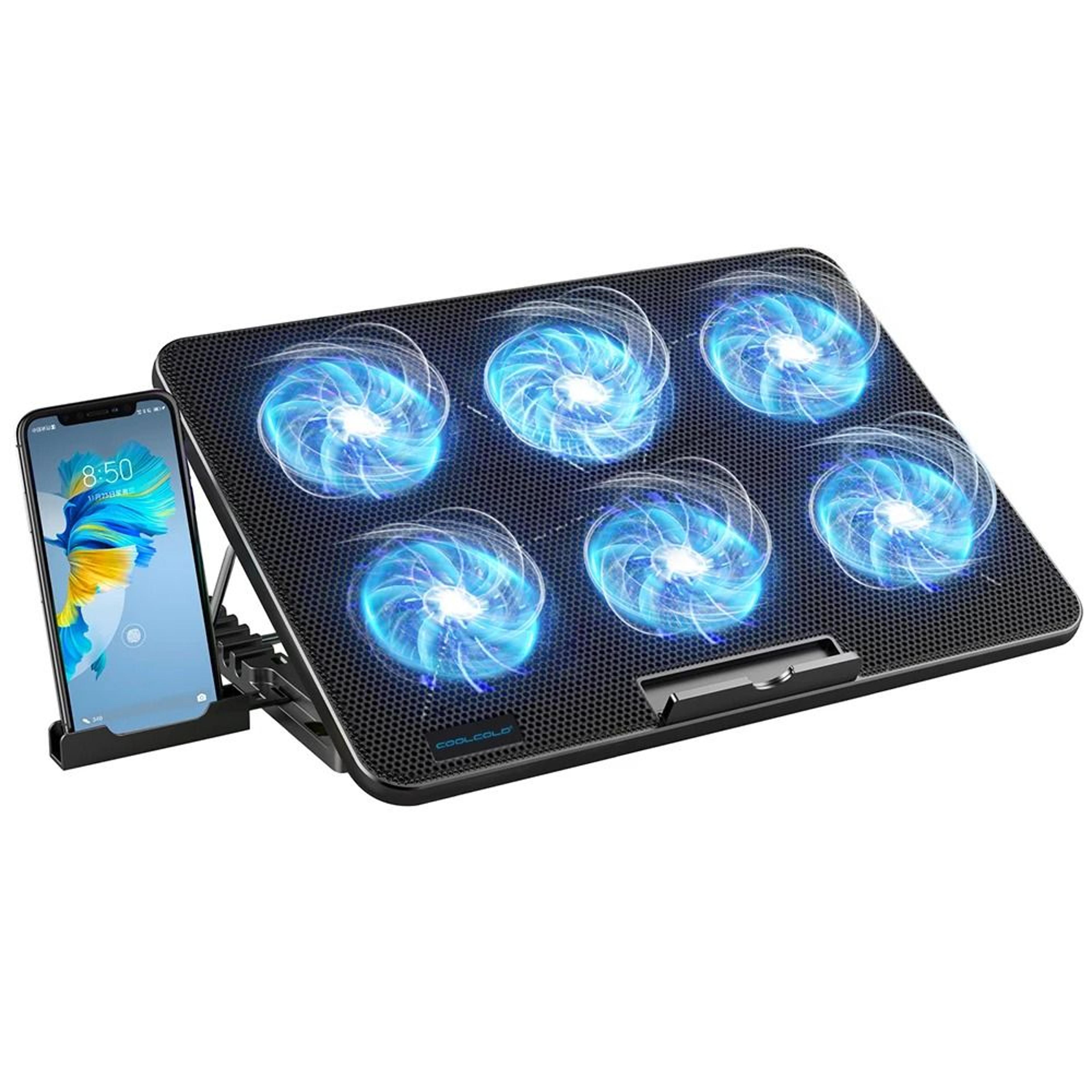 COOLCOLD Laptop Cooling Pad Six Fan Laptop Cooler Stand Adjustable Cooling Pad With Phone Holder 6