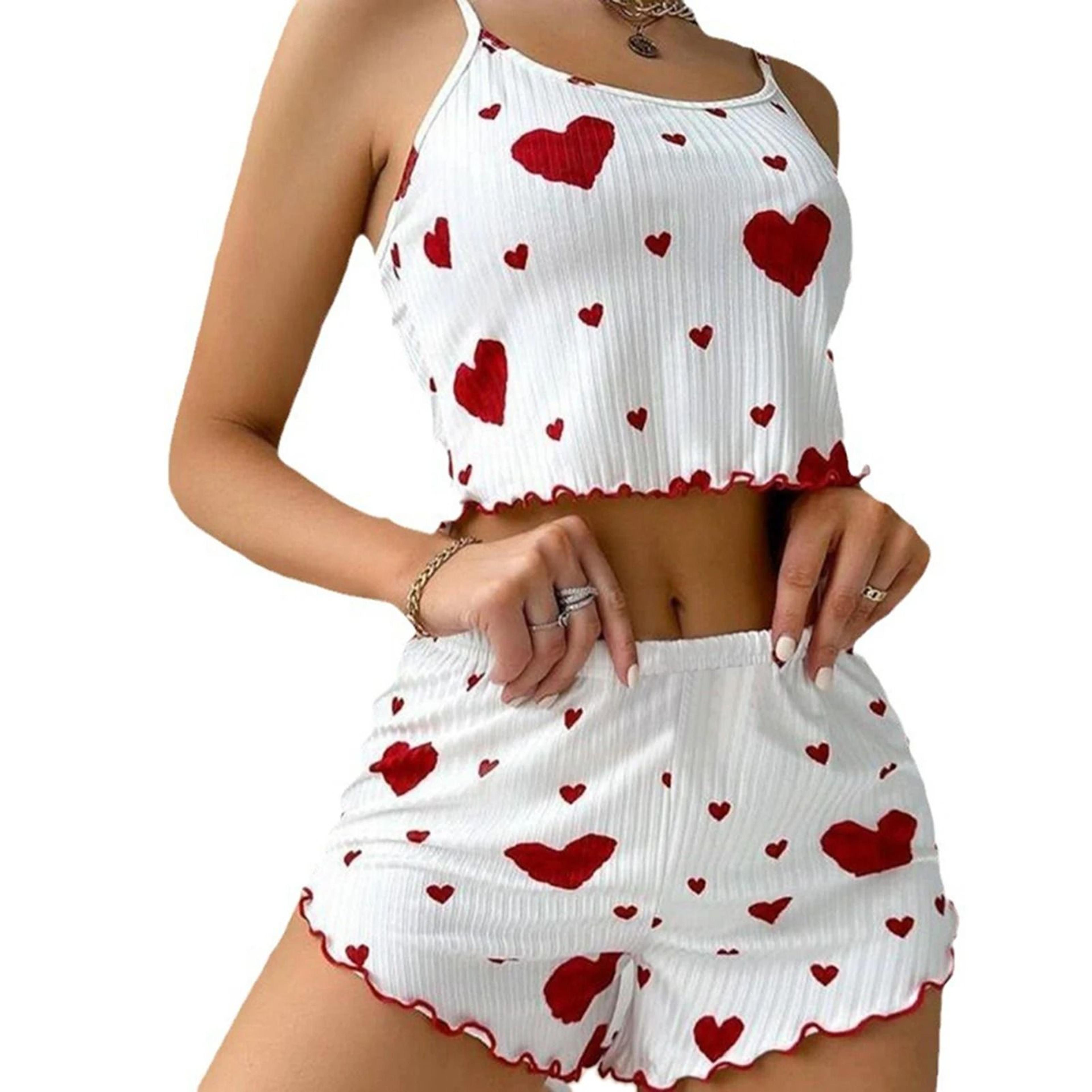Womens Summer Pajama Set Heart Print Camisole And Shorts Sleepwear Two Piece Lounge Set 1